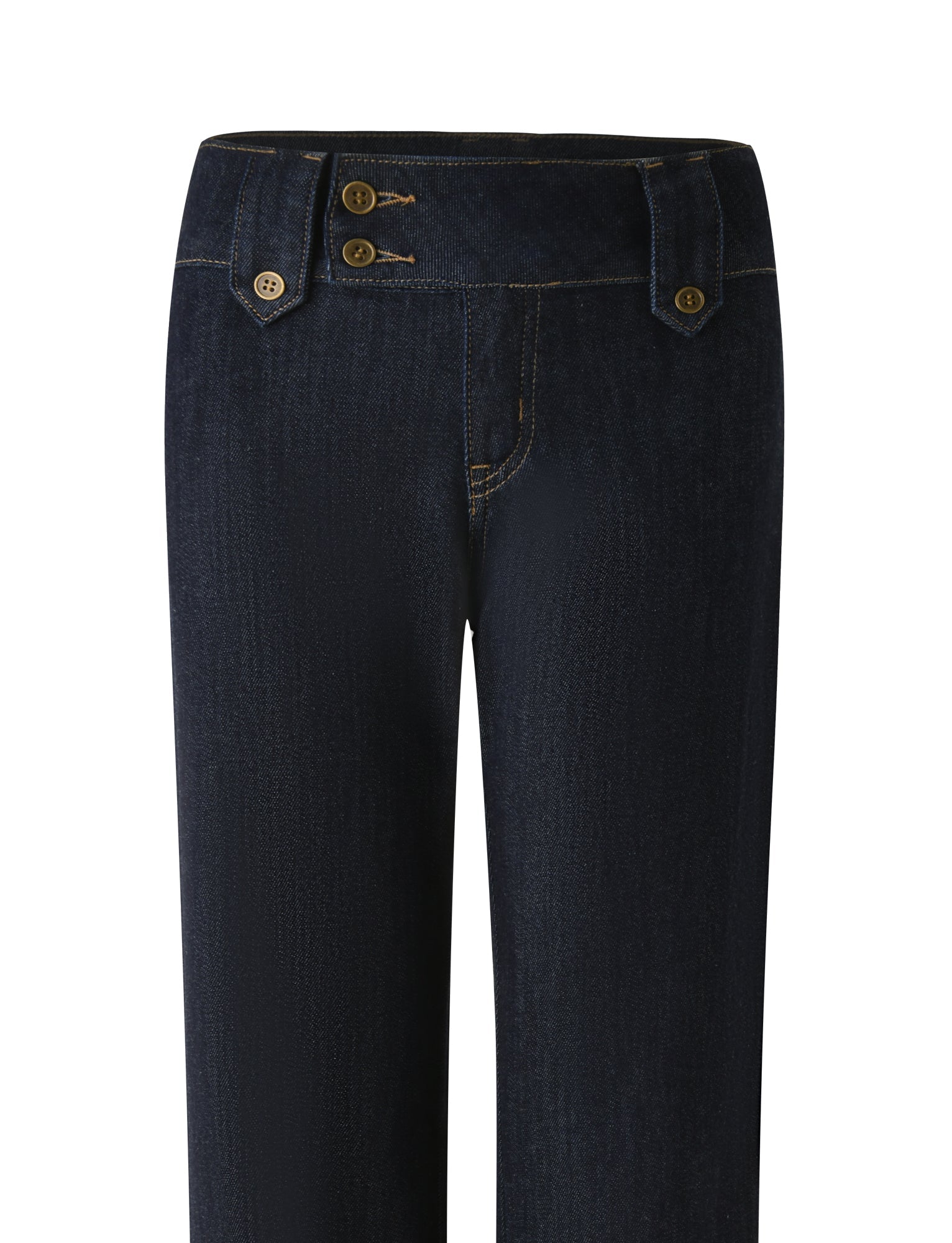 The TIGERMIST KITTIE DENIM PANT - DARK WASH is crafted from dark indigo denim with prominent gold stitching, featuring two brown buttons and belt loops at the waistband. The front view displays the upper section and a portion of the flared leg against a white background.