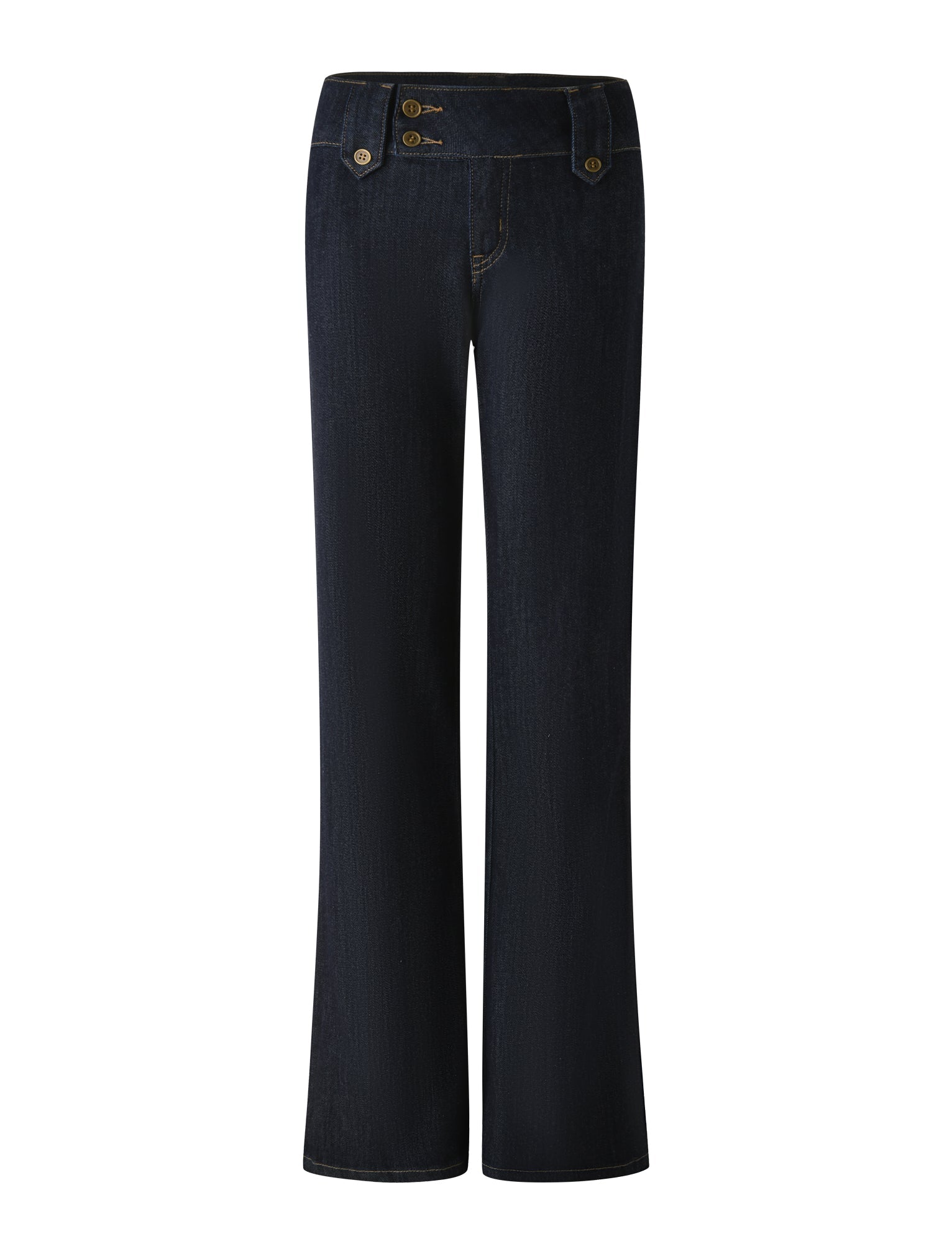 The KITTIE DENIM PANT - DARK WASH by TIGERMIST features a high-waisted fit, wide-leg silhouette, and decorative buttons on the waistband in a dark indigo wash, shown against a white background.