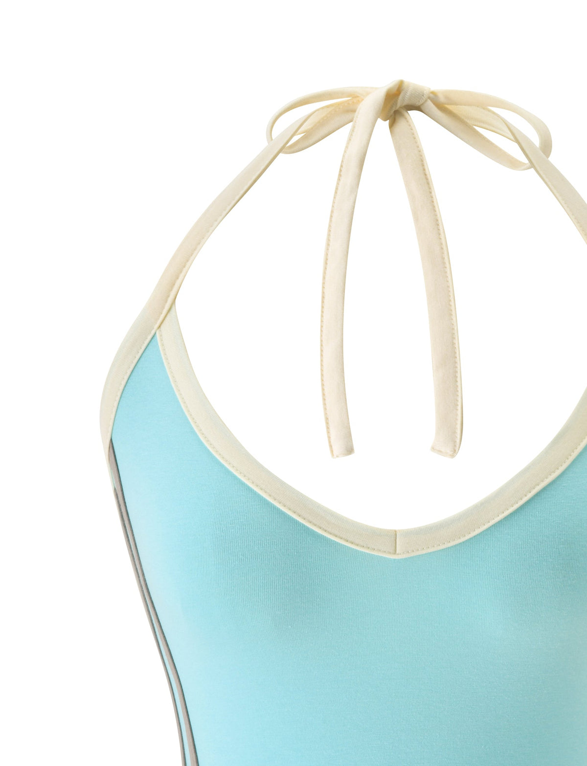 Close-up of the TIGERMIST ALYSIA TOP in aqua, featuring cream-colored trim and straps that tie at the neck. The background is white, showcasing only the upper part of this fitted halter top.