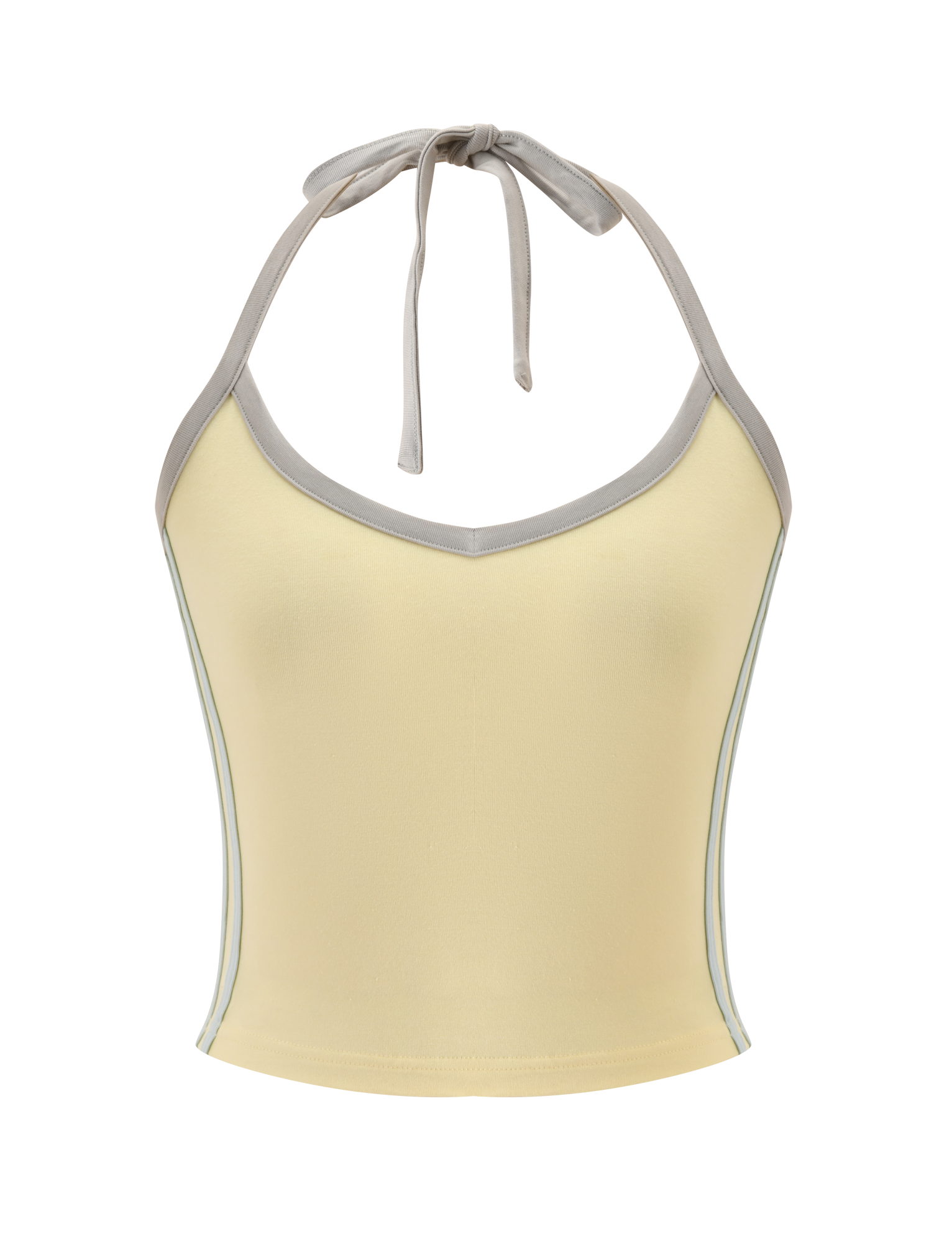 The ALYSIA TOP - BUTTER by TIGERMIST is a sleeveless, light yellow halter neck with a v-neckline, grey contrast binding stripes, and a tie at the neck, shown on a plain white background.