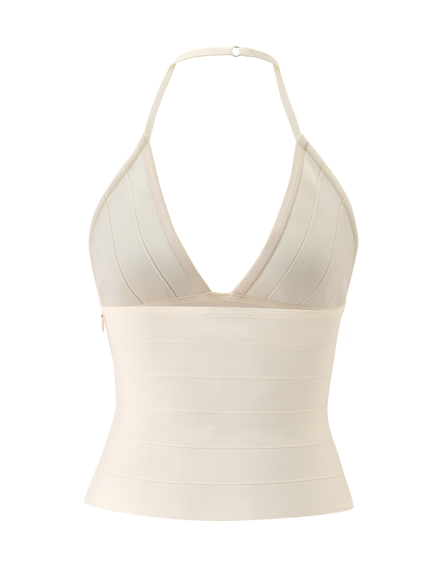 The NYX BANDAGE TOP in cream by TIGERMIST is a halter neck top with a deep V neckline, plunging triangle cups, and a sculpted fit, shown against a plain white background.