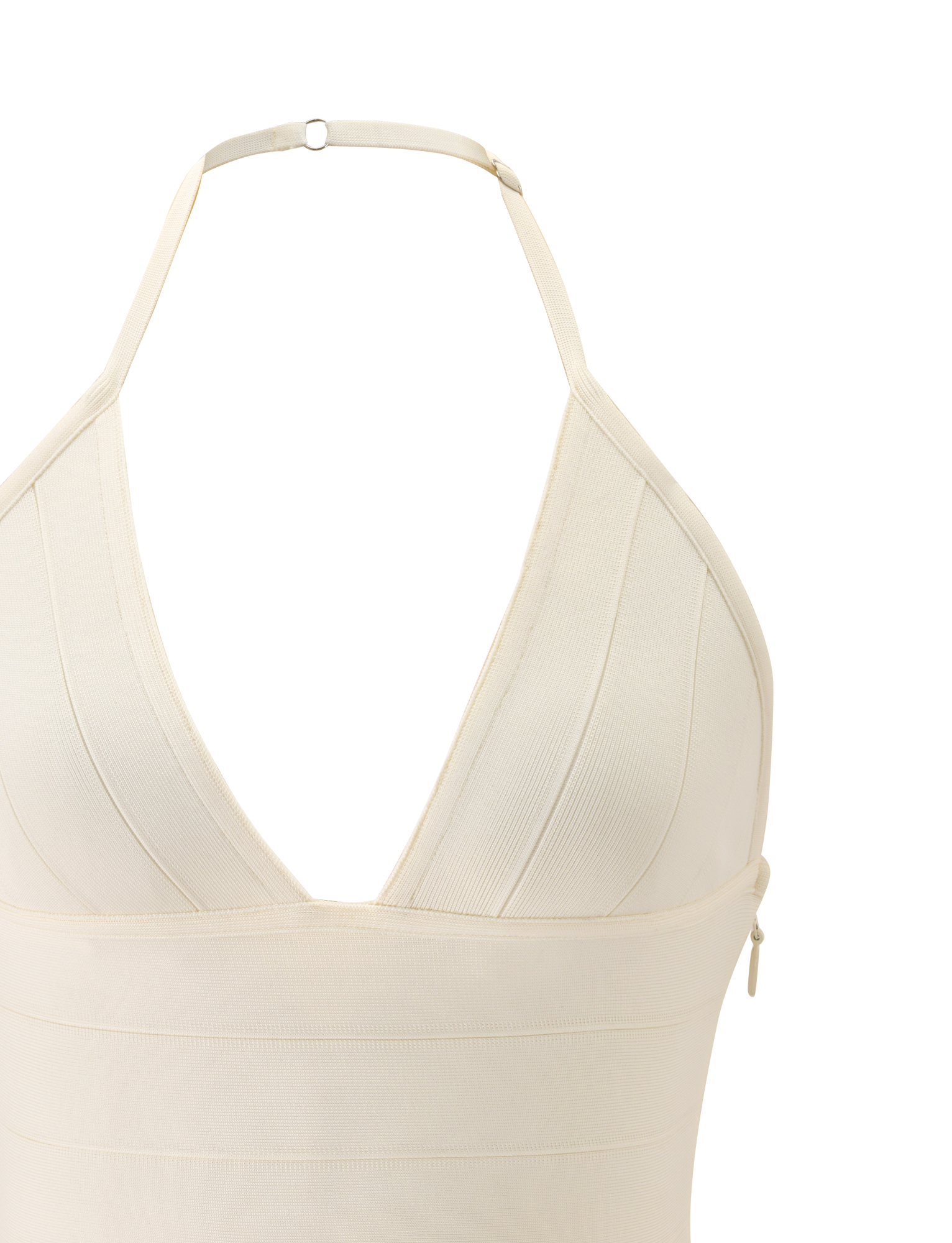 Close-up of the TIGERMIST NYX BANDAGE TOP in cream, featuring a halter neck, plunging triangle cups, visible stitching, adjustable neck strap with metal clasp, and thick structured fabric for a sculpted fit.