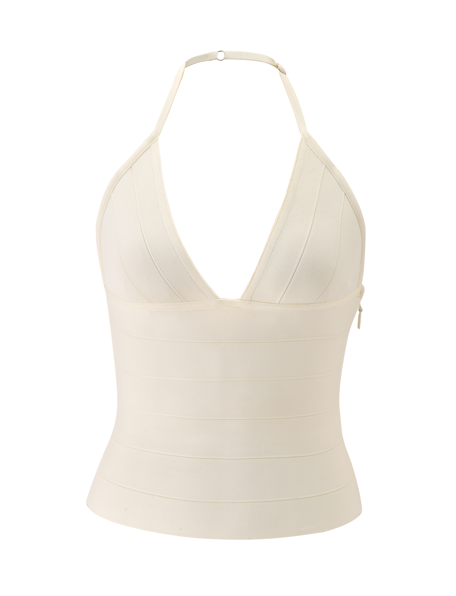 The NYX BANDAGE TOP by TIGERMIST is a cream, sleeveless halter neck with a deep V-neckline, sculpted fit, and structured banded fabric, shown on a plain white background.