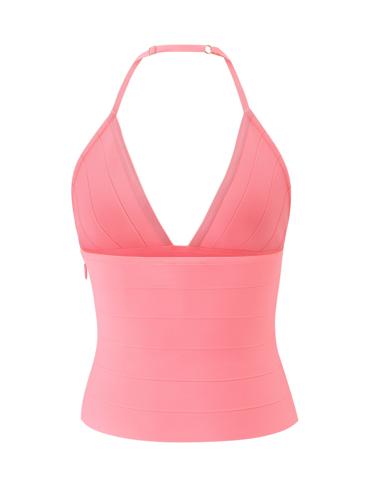 The NYX BANDAGE TOP by TIGERMIST is a sleeveless, neon guava pink halter top with a deep V-neck and fitted bandage-style fabric, shown on a plain white background.