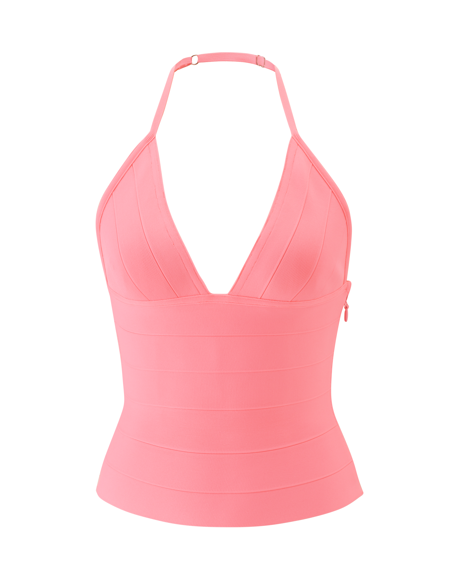 The TIGERMIST NYX BANDAGE TOP in Neon Guava is a sleeveless, halter neck style with a deep V neckline, fitted banded design, side zipper, and a smooth, structured finish.