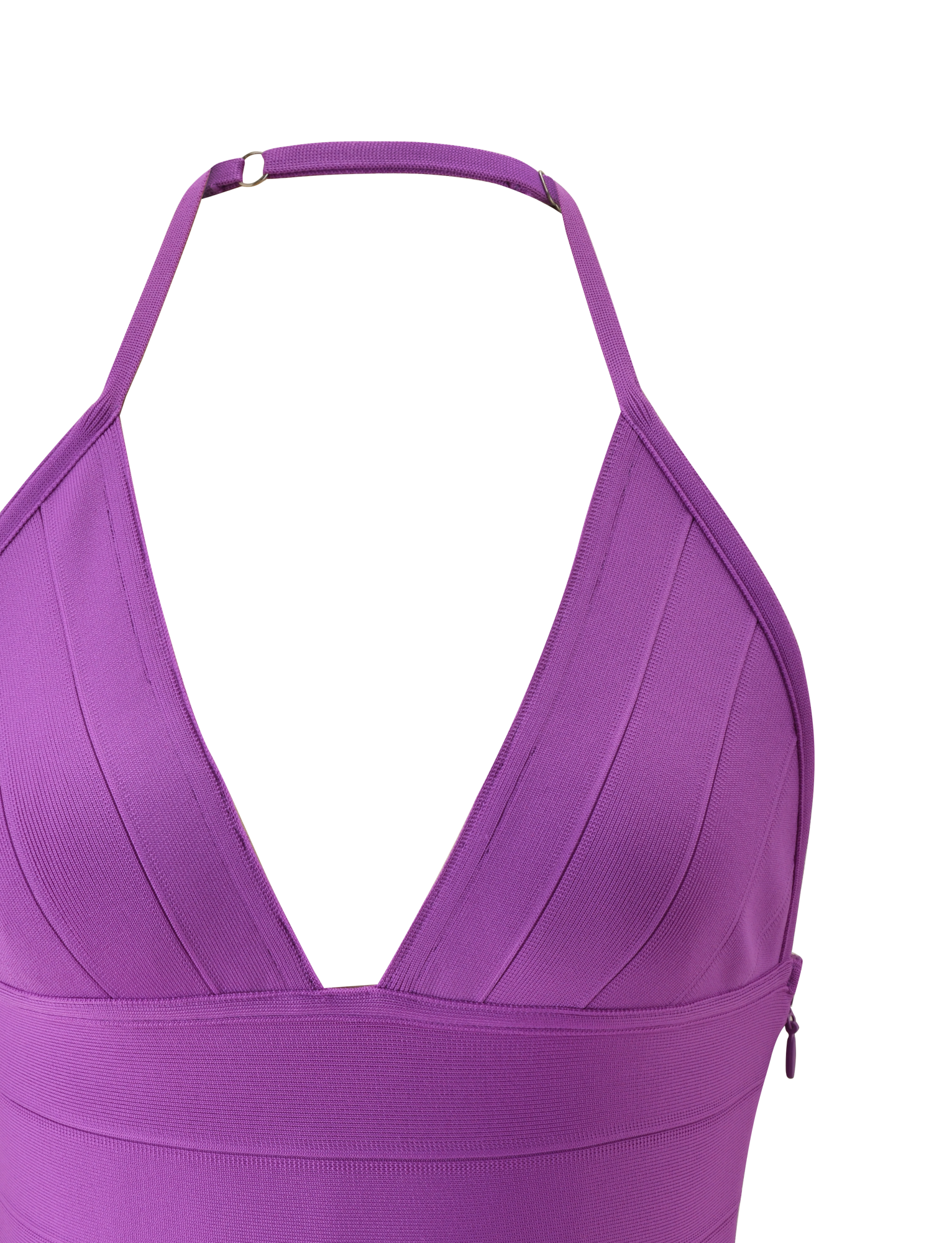 Close-up of the NYX BANDAGE TOP - ULTRA VIOLET by TIGERMIST, a sleeveless purple halter neck top with wide straps, deep V-neckline, and seam detailing, shown against a plain white background.