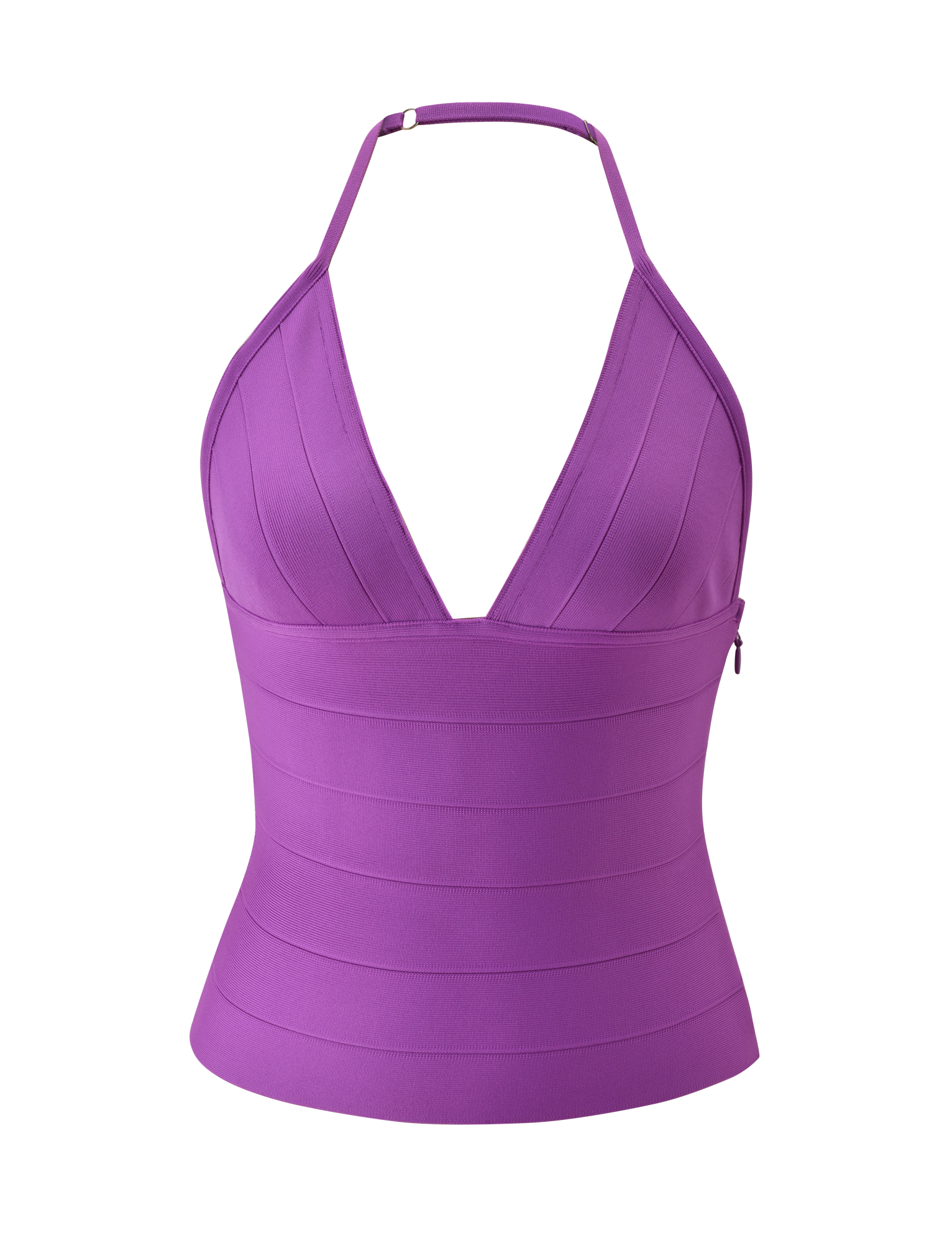 The TIGERMIST NYX BANDAGE TOP in Ultra Violet is a sleeveless, fitted halter neck style featuring a deep V-neckline and horizontal panel details, shown against a plain white background.