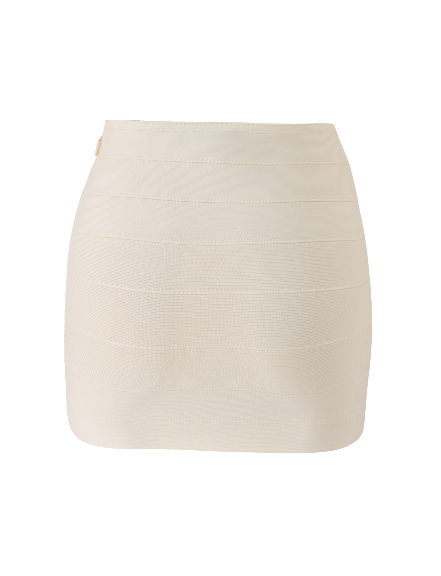 The TIGERMIST NYX BANDAGE MINI SKIRT in cream is a high-waisted, body-hugging mini skirt featuring subtle horizontal seams. Shown against a white background, it offers a sleek, off-white silhouette.