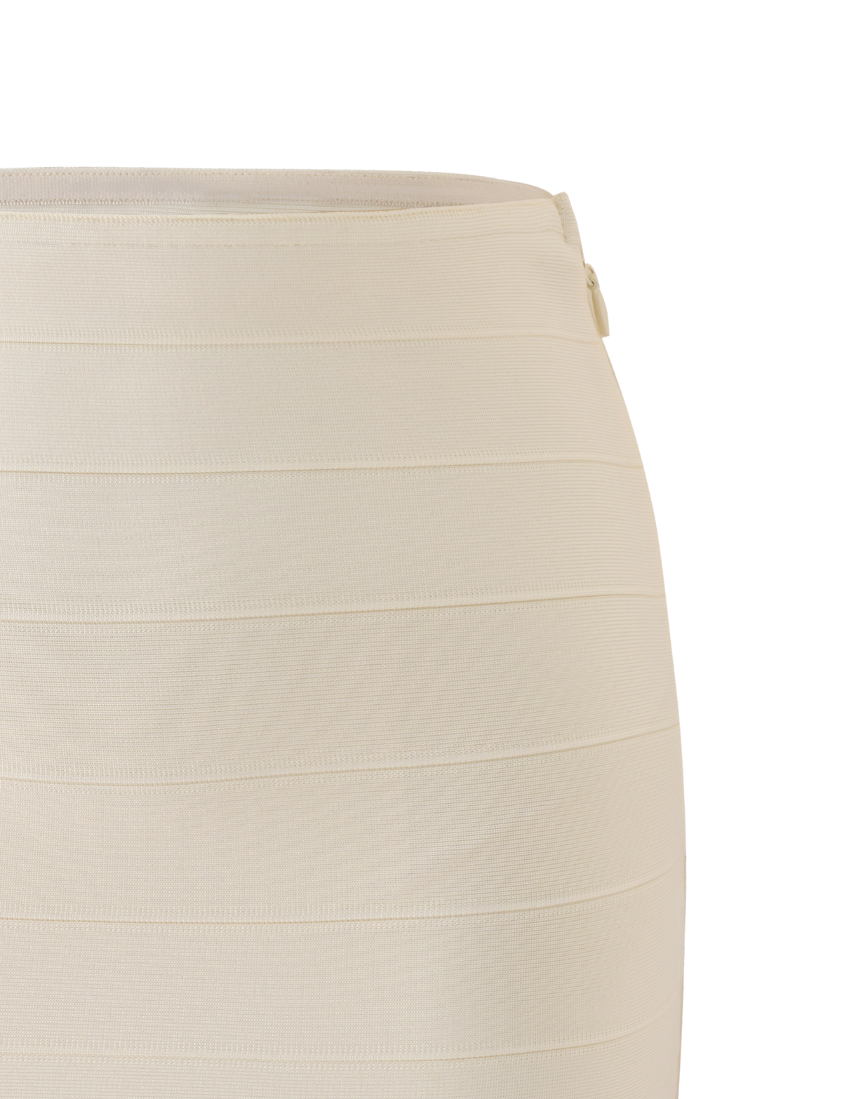 Close-up of the TIGERMIST NYX BANDAGE MINI SKIRT in cream, featuring a high waist, horizontal ribbed detailing, and a side zipper, shown against a plain white background.