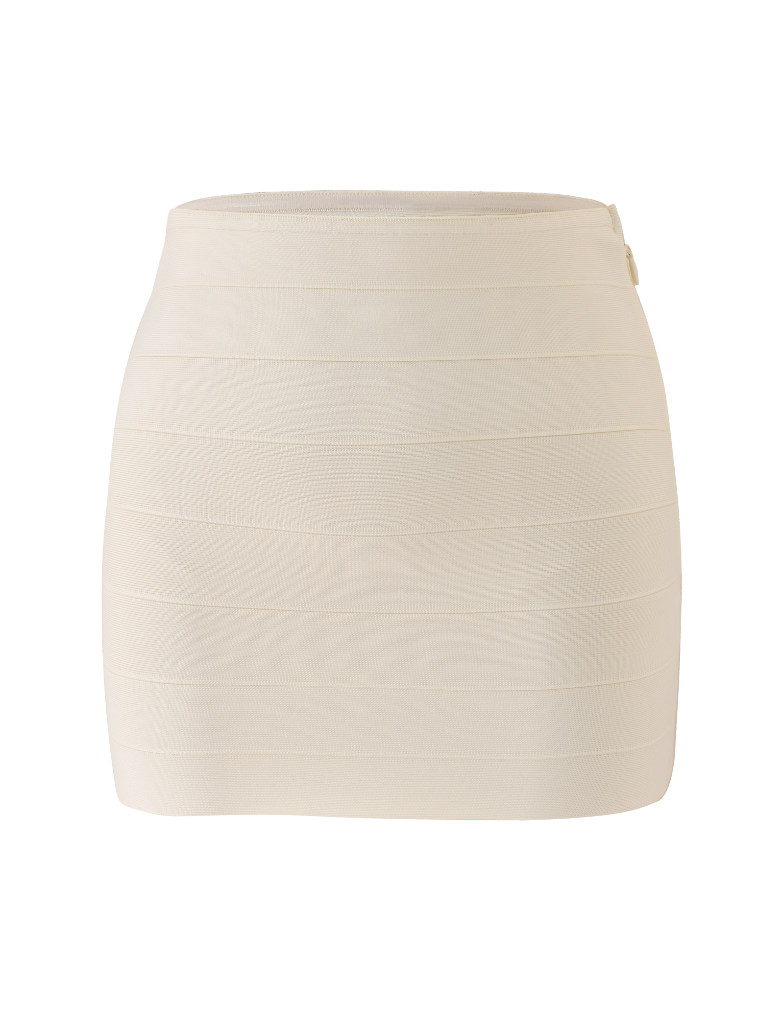 The NYX BANDAGE MINI SKIRT by TIGERMIST is a fitted, high-waisted cream mini skirt featuring horizontal panel details and a side zipper, shown against a plain white background.