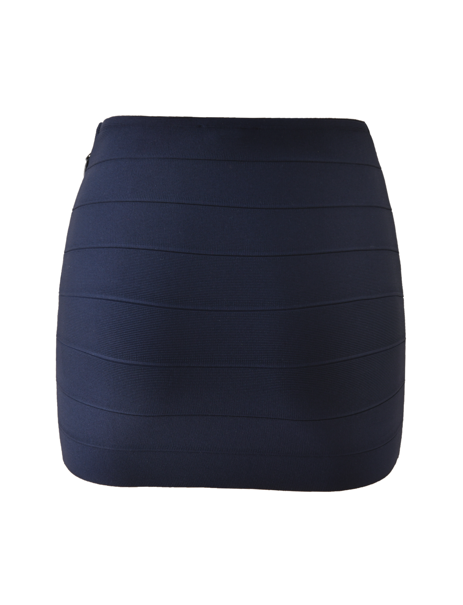 The NYX BANDAGE MINI SKIRT in navy blue by TIGERMIST is a body-hugging mini skirt featuring horizontal panel detailing, shown against a plain white background.