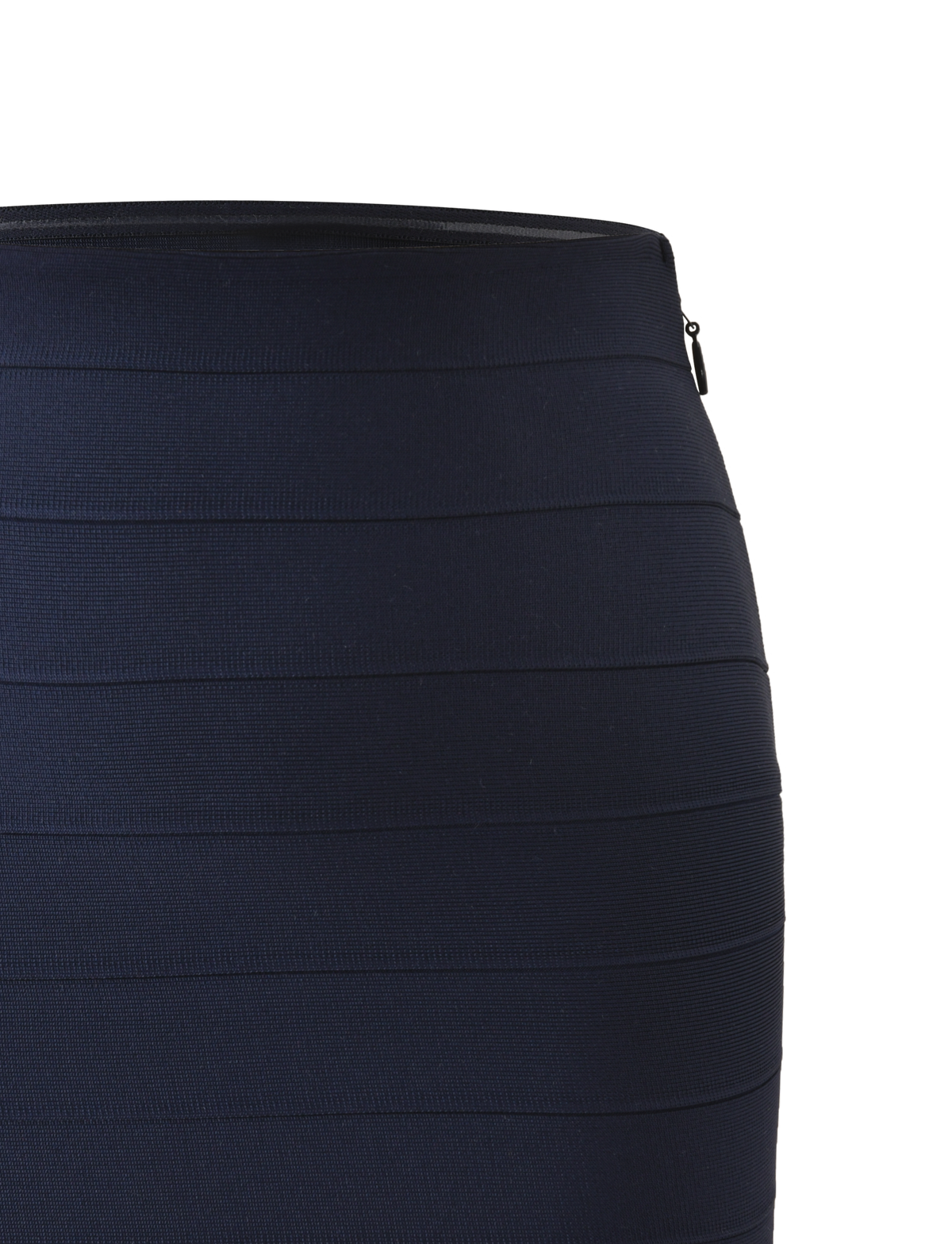 The NYX BANDAGE MINI SKIRT by TIGERMIST in navy blue features horizontal textured stripes, a side zipper, and a body-hugging fit. Shown against a white background, this mini skirt delivers a sleek, modern silhouette.