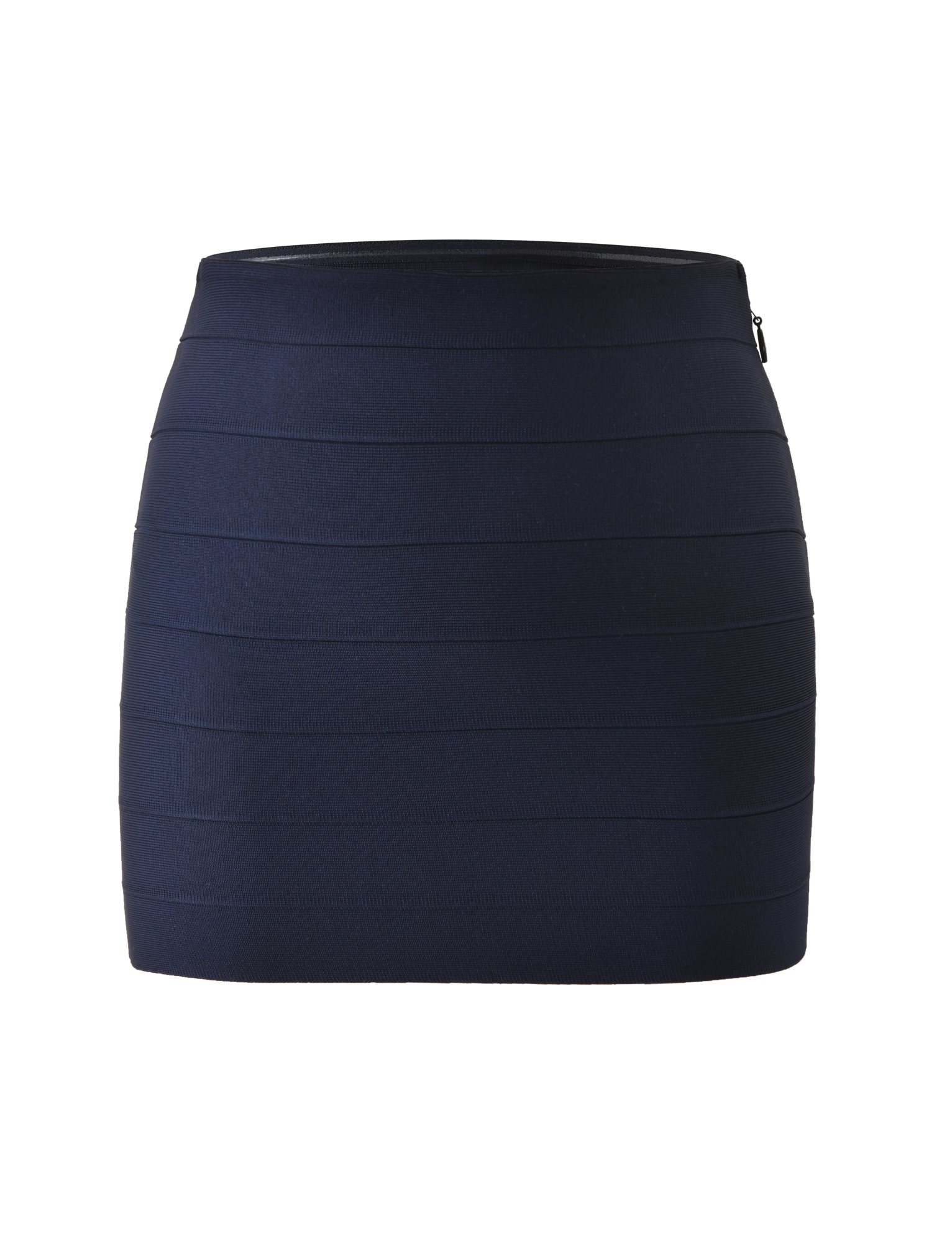 The NYX Bandage Mini Skirt by TIGERMIST is a navy blue, high-waisted mini skirt with horizontal seam detailing, shown on a plain white background.