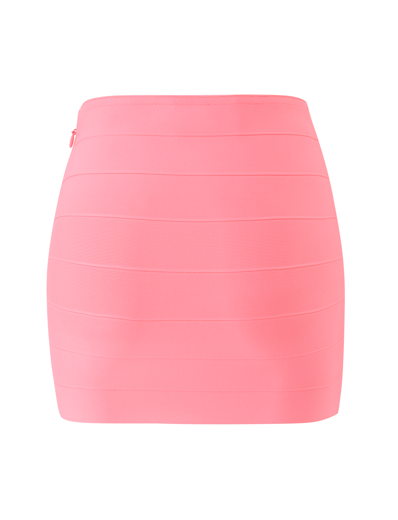 The TIGERMIST NYX BANDAGE MINI SKIRT in Neon Guava is shown against a white background, featuring a high-waisted, sculpted bodycon fit with horizontal seam detailing.