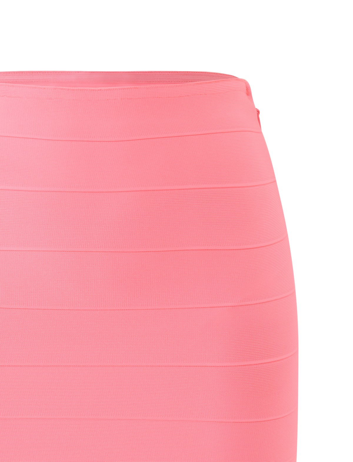 Close-up of the TIGERMIST NYX BANDAGE MINI SKIRT in Neon Guava, featuring horizontal textured bands and a sculpted fit against a plain white background. Only the upper portion of this bright pink skirt is visible.