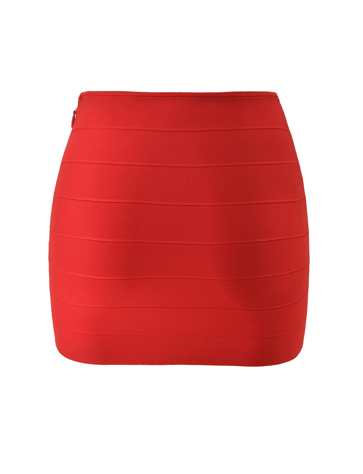 The TIGERMIST NYX BANDAGE MINI SKIRT - RED is a high-waisted, body-hugging mini skirt with horizontal seams, shown against a plain white background.