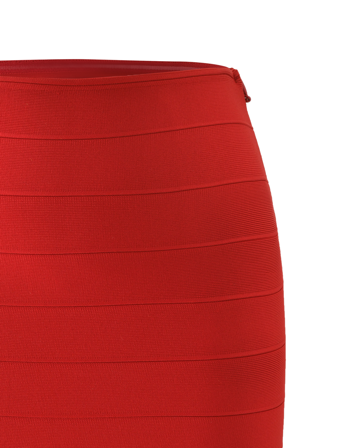 Close-up of the NYX BANDAGE MINI SKIRT - RED by TIGERMIST, featuring horizontal textured panels and a side zipper at the waistband. The bold, body-hugging skirt pops against a plain white background.