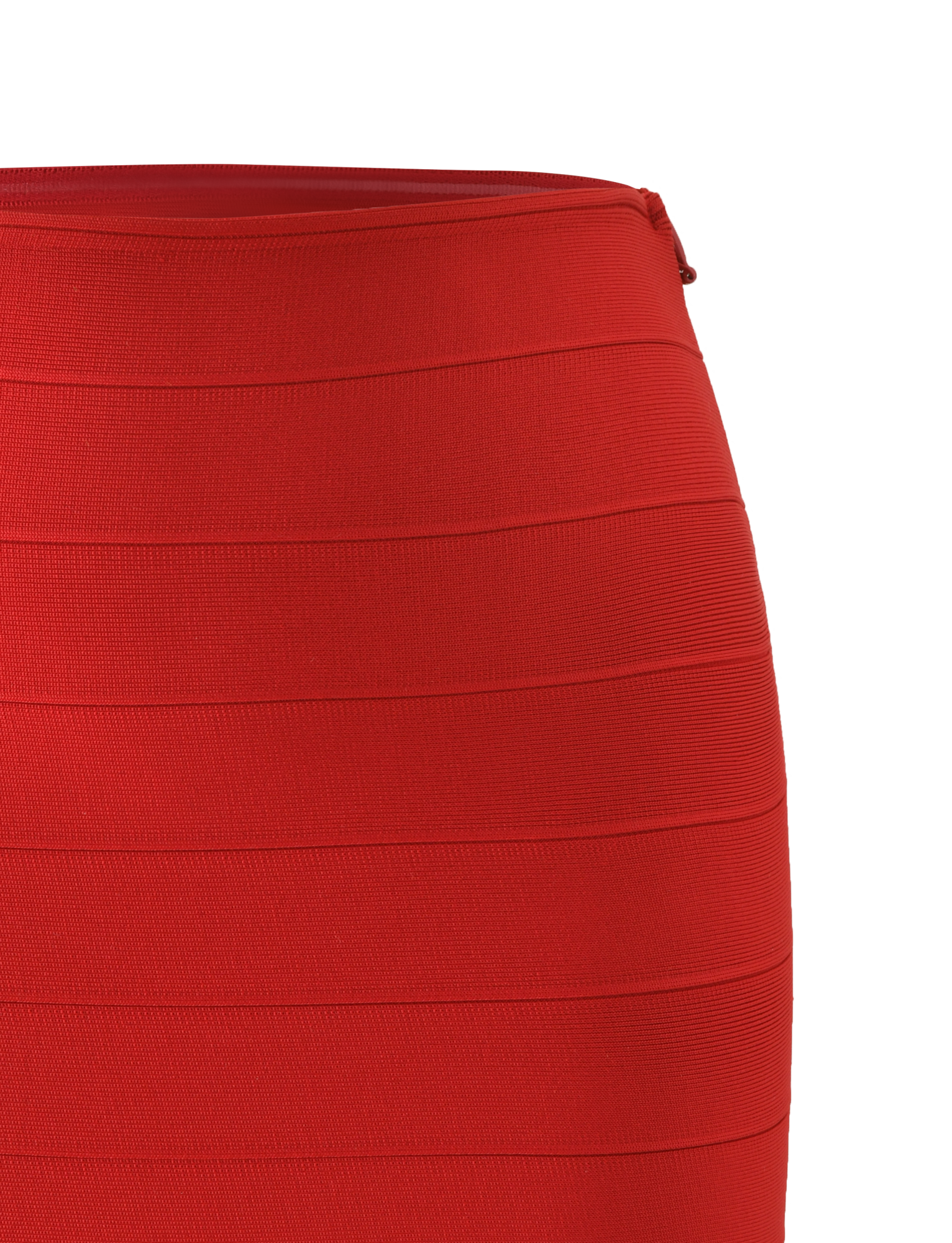 Close-up of the NYX BANDAGE MINI SKIRT - RED by TIGERMIST, featuring horizontal textured panels and a side zipper at the waistband. The bold, body-hugging skirt pops against a plain white background.