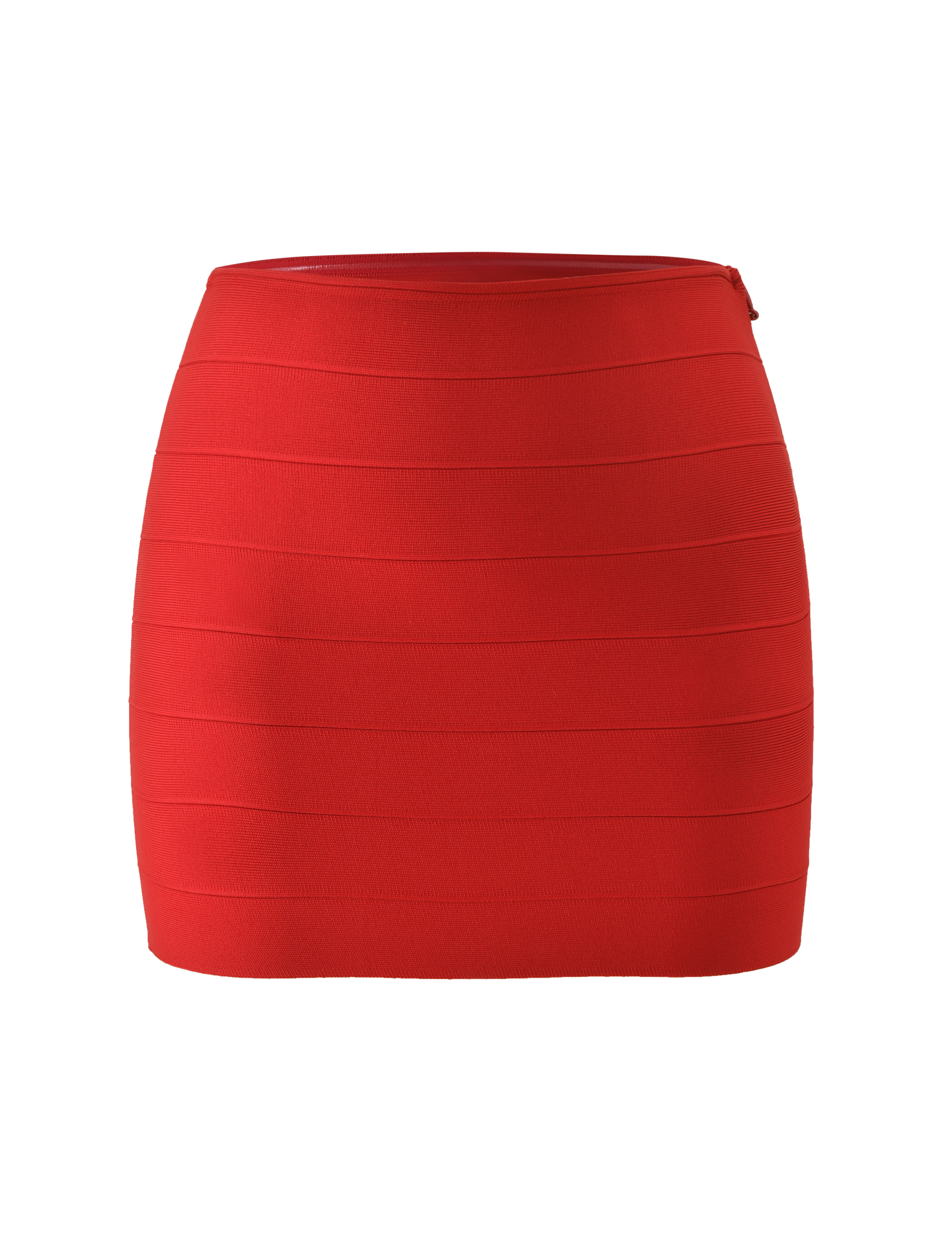 The NYX BANDAGE MINI SKIRT by TIGERMIST is a bright red, body-hugging mini skirt featuring horizontal ribbed detailing, displayed against a plain white background.