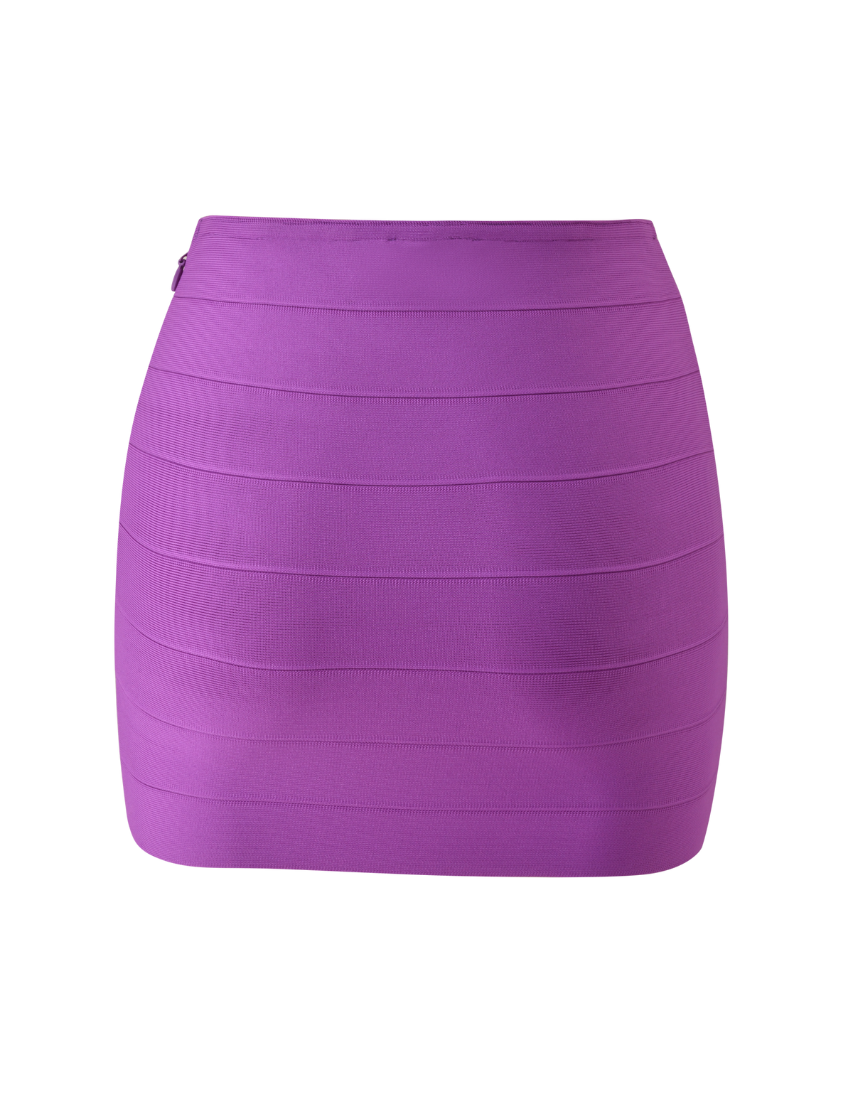 The TIGERMIST NYX BANDAGE MINI SKIRT - ULTRA VIOLET is a bright purple, high-waisted mini skirt with horizontal paneling, designed for a body-hugging fit and shown on a plain white background.