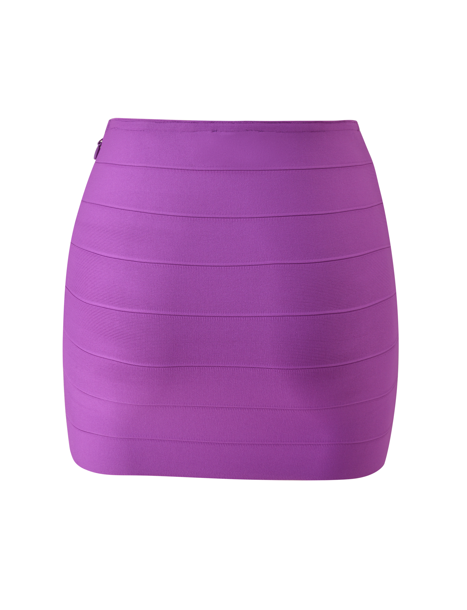 The TIGERMIST NYX BANDAGE MINI SKIRT - ULTRA VIOLET is a bright purple, high-waisted mini skirt with horizontal paneling, designed for a body-hugging fit and shown on a plain white background.