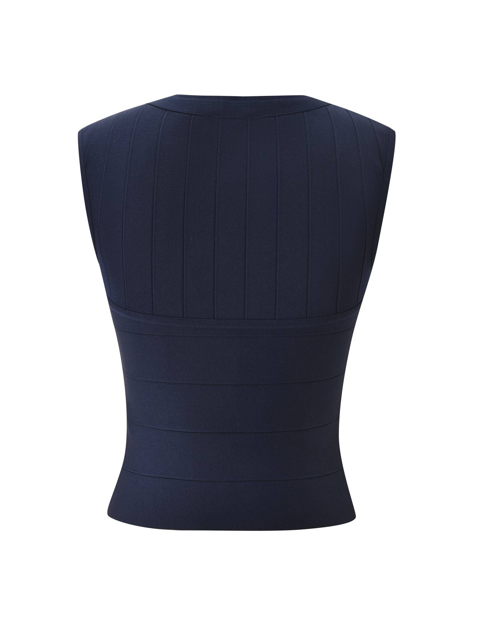 The TIGERMIST EMBER BANDAGE TOP in navy blue is a sleeveless tank shown from the back, with vertical seam detailing and a sculpted fit in smooth, structured fabric.