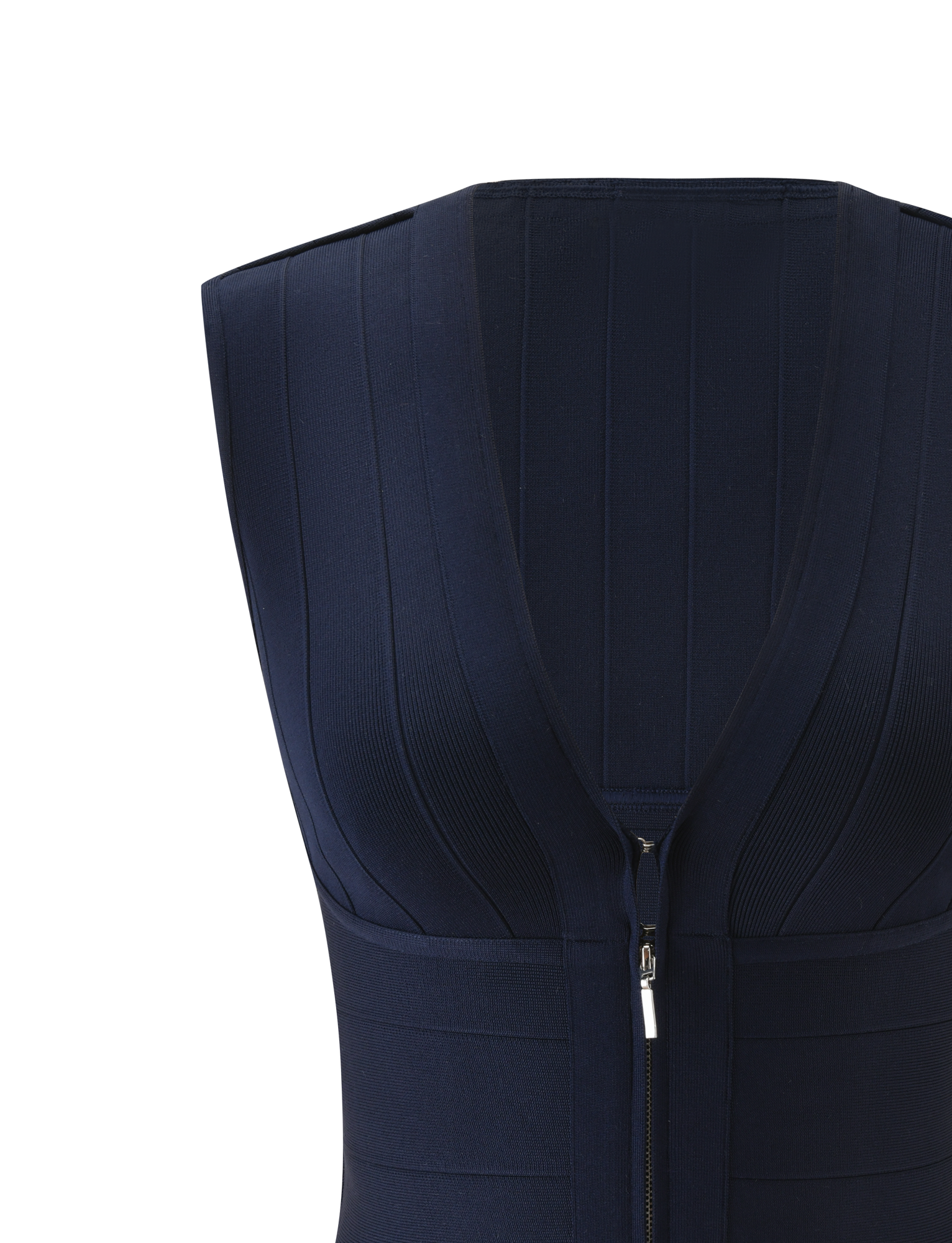 Close-up of TIGERMIST's EMBER BANDAGE TOP in navy blue. This sleeveless top features a deep V-neck, front zipper, and sculpted fit with ribbed vertical and diagonal patterns, shown against a plain white background.