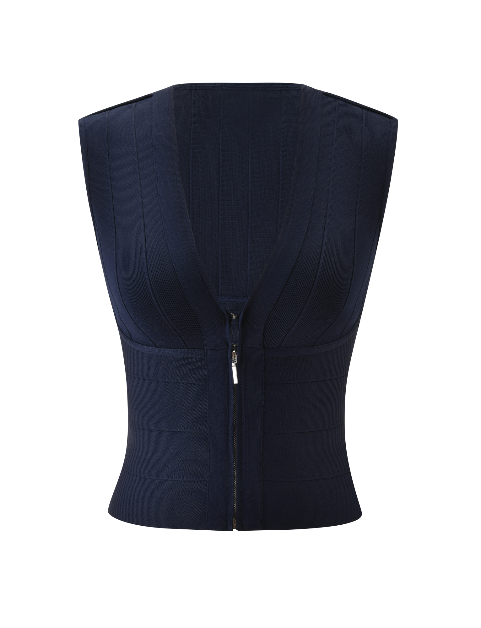 The TIGERMIST EMBER BANDAGE TOP in navy blue is a sleeveless tank with a deep V-neck, front zipper closure, and sculpted fit. Subtle vertical seams enhance its sleek look. Shown on a plain white background.