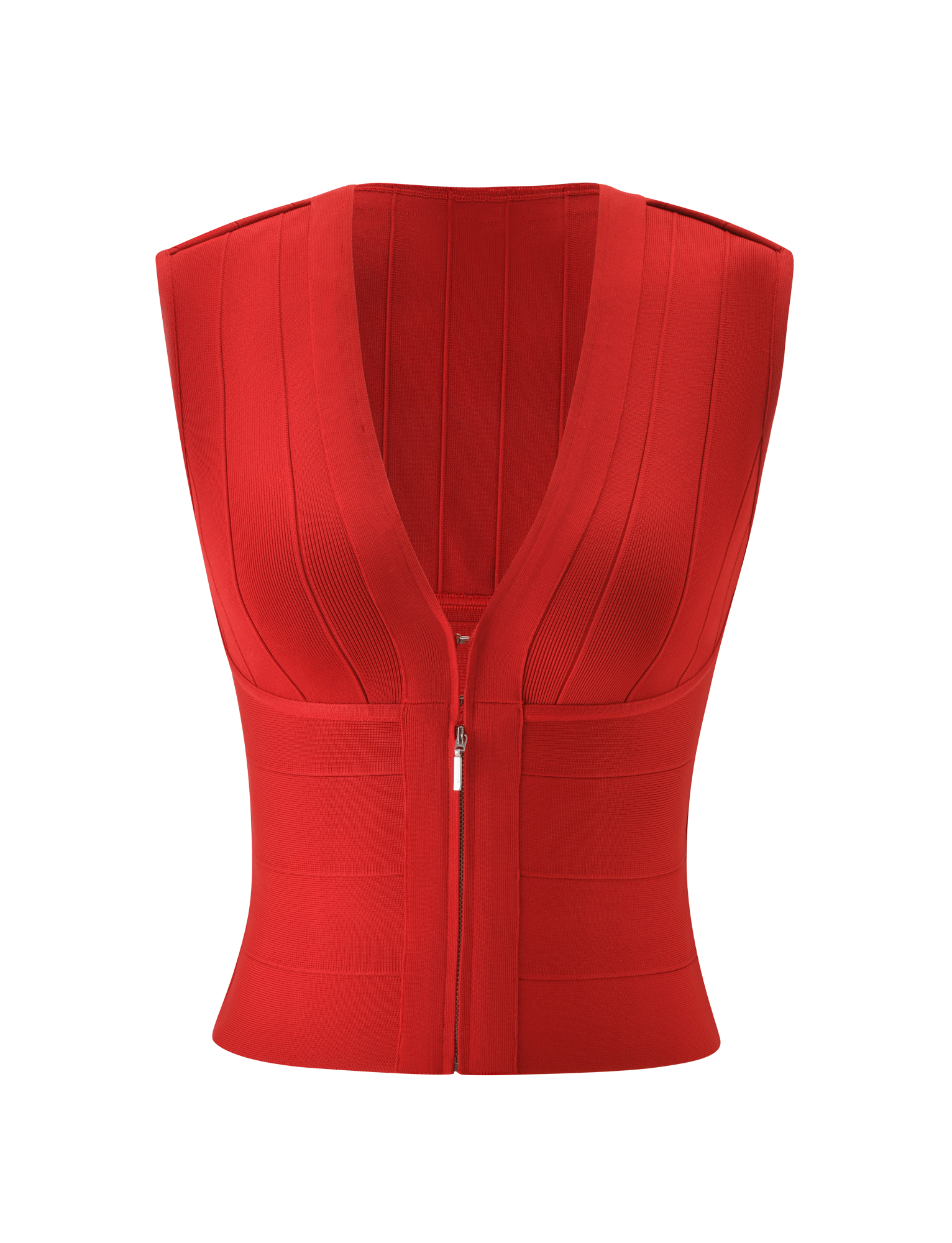The EMBER BANDAGE TOP by TIGERMIST is a red, sleeveless, fitted tank featuring vertical ribbed detailing, a plunging v-neckline, and a front zipper closure for a sculpted look.