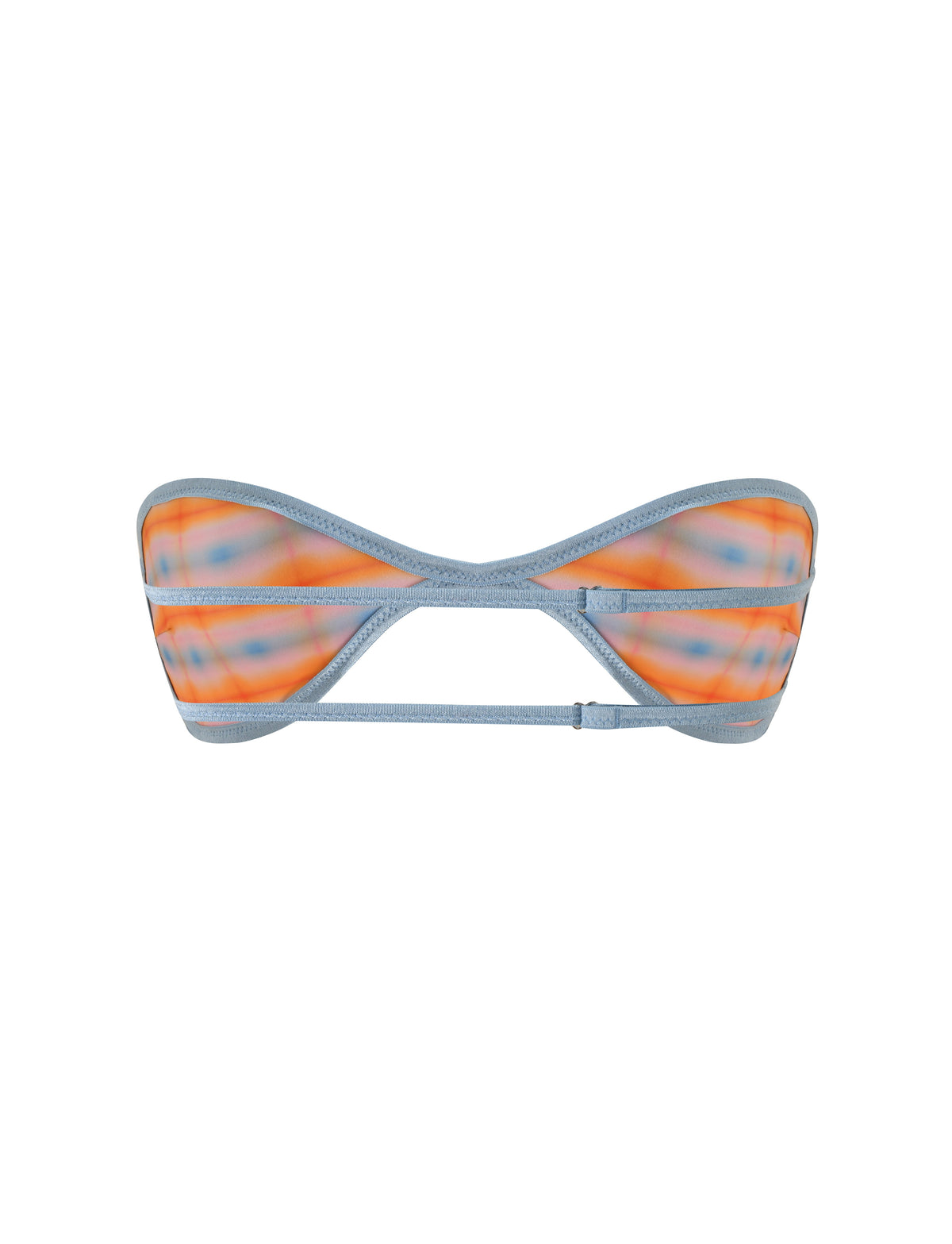 The TIGERMIST EMERSON REVERSIBLE BIKINI TOP features a strapless sweetheart bandeau design with blue edges and an orange and blue plaid ombre print. This top includes a custom reversible pattern, a center cutout, and double horizontal straps along the back.