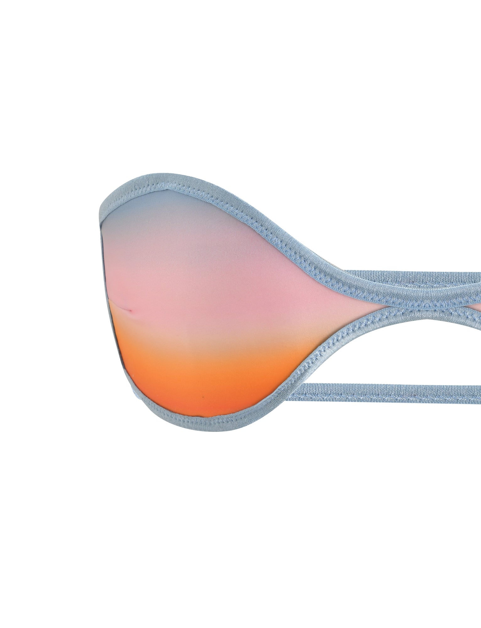A close-up of the TIGERMIST EMERSON REVERSIBLE BIKINI TOP in an orange and blue plaid ombre print, featuring a pastel blue sweetheart bandeau silhouette with a gradient, sunset-inspired reflective section. The custom reversible design adds versatility and style to this unique bikini top, shown isolated on a white background.