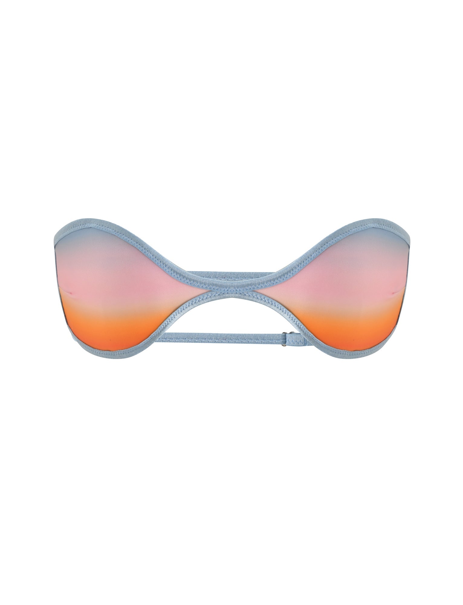 The EMERSON REVERSIBLE BIKINI TOP by TIGERMIST features a strapless sweetheart bandeau design, showcasing an orange and blue plaid ombre print with light blue edging and a thin center strap.