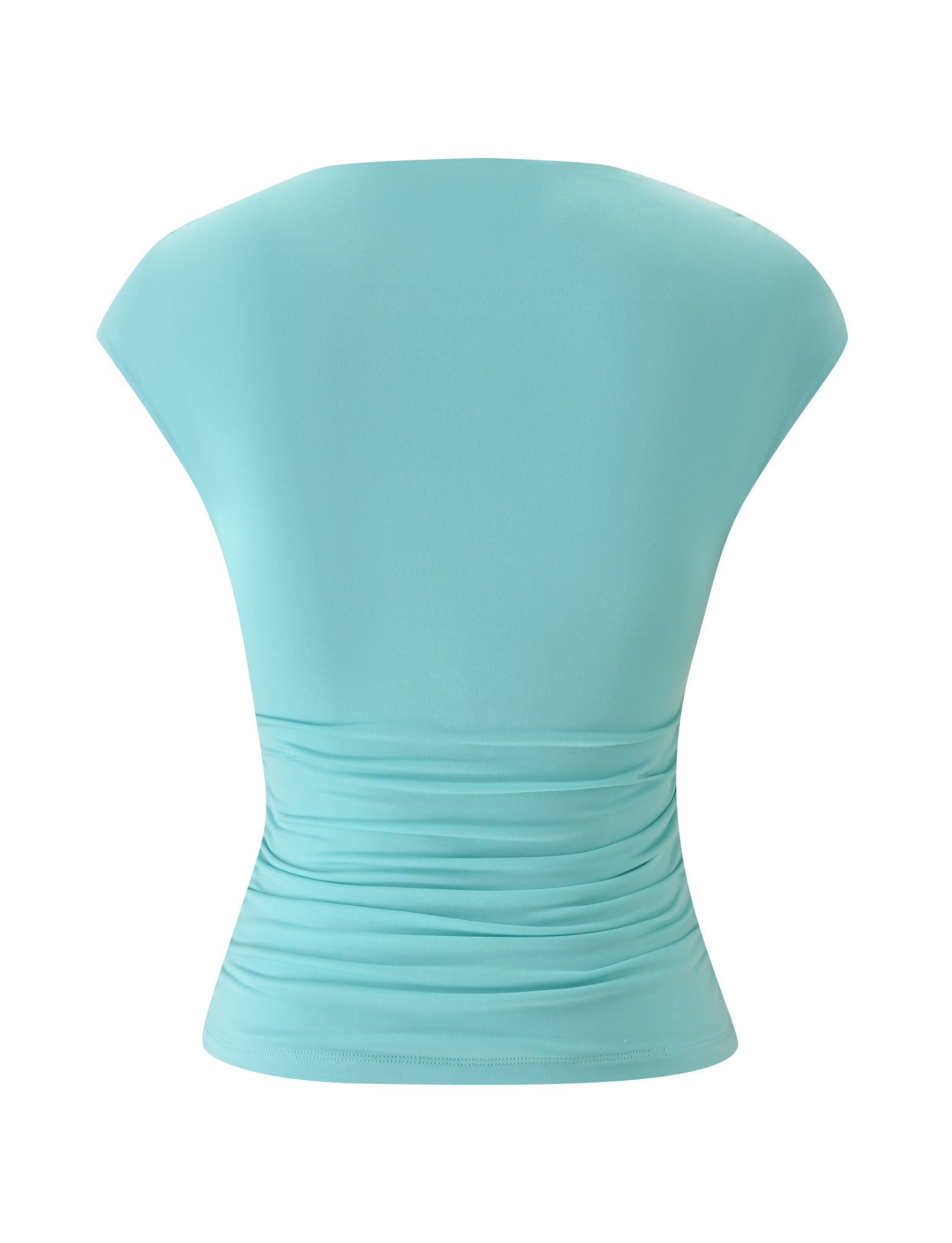 Introducing the ROMI TOP - AQUA by TIGERMIST: a light aqua blue cap-sleeve women’s top, shown from the back, featuring a fitted silhouette with ruching at the waist and a seamless, smooth upper section.