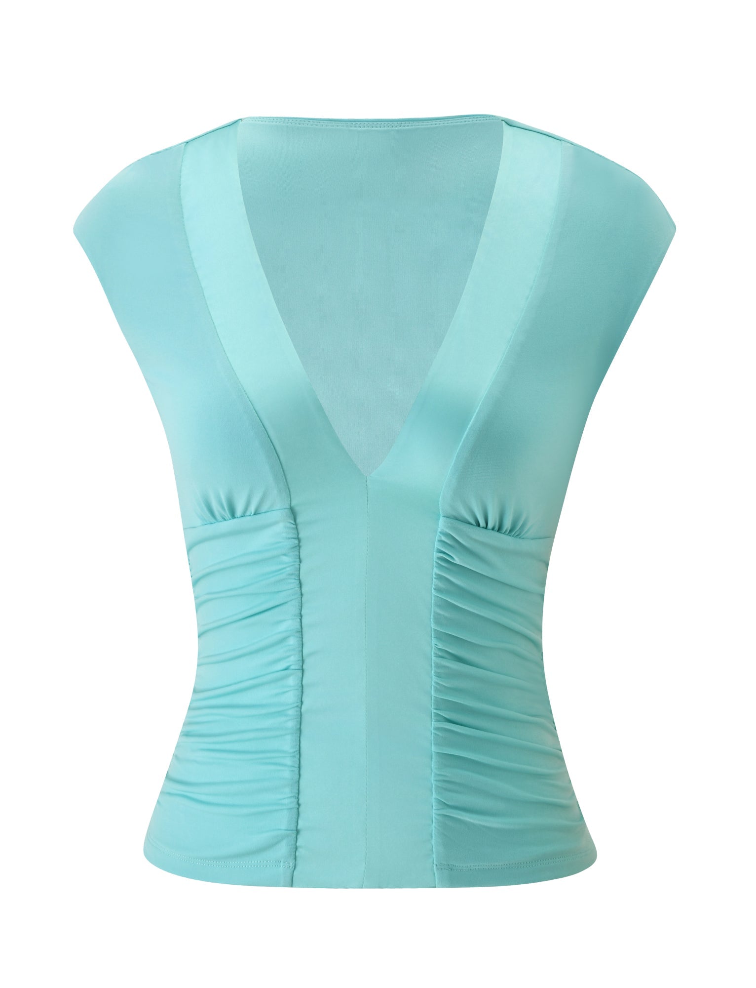 The ROMI TOP - AQUA by TIGERMIST is a light aqua blue sleeveless satin V-neck top featuring a deep neckline and ruched side detailing, crafted from a soft, slightly shiny fabric. Shown from the front, it has no visible patterns or logos.