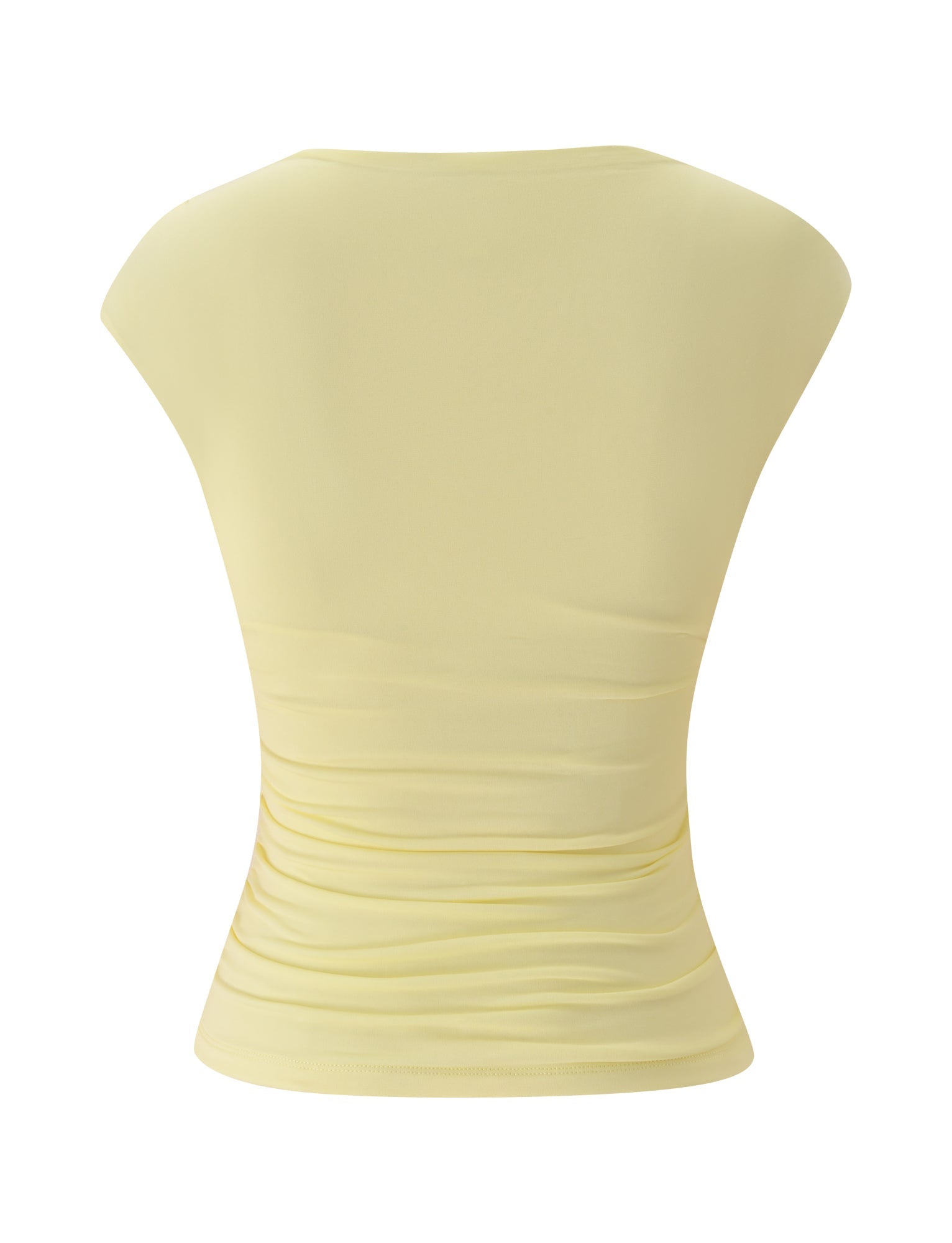 The ROMI TOP - BUTTER YELLOW by TIGERMIST is a light yellow, sleeveless, fitted women’s top, shown from the back with subtle side ruching and a sleek, uncomplicated design—making it the perfect V-neck summer top for effortless warm-weather style.