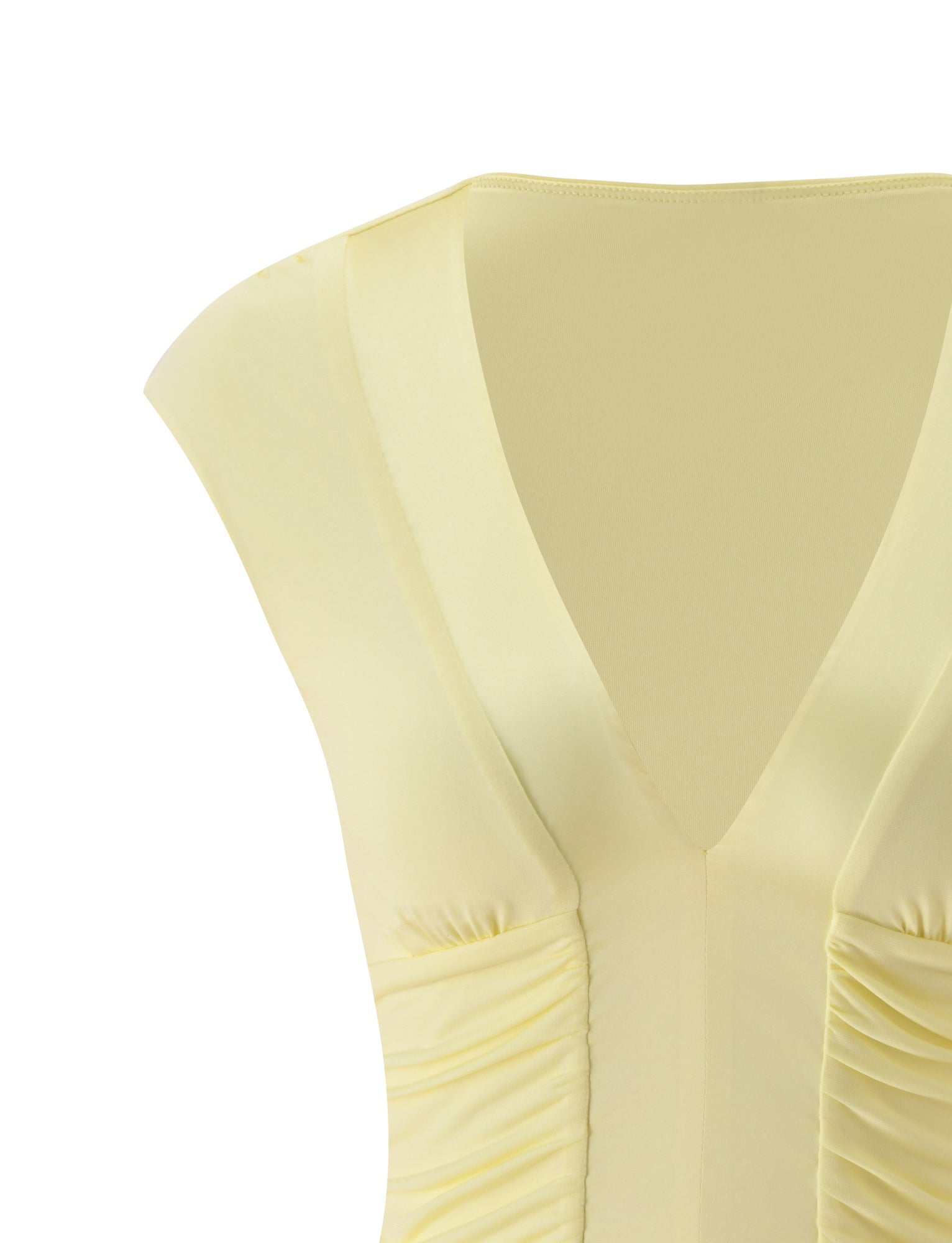 Close-up of the ROMI TOP in Butter Yellow by TIGERMIST, a sleeveless satin top showcasing a deep V-neckline and gathered ruching on the bodice.