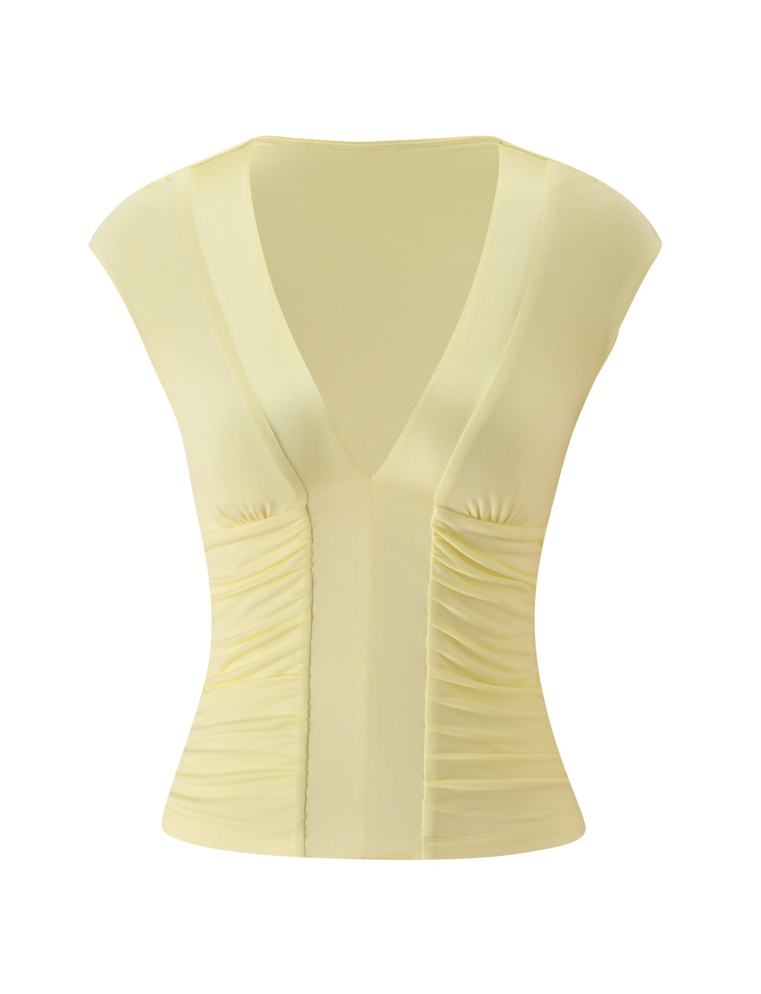 Introducing the ROMI TOP in Butter Yellow by TIGERMIST—a light yellow, sleeveless summer top featuring a V-neckline and ruched detailing along the sides of the bodice. Crafted from soft, stretchy fabric for a fitted and slightly sheer appearance, this blouse is finished with a subtle V-cut design at the back for an elegant touch.