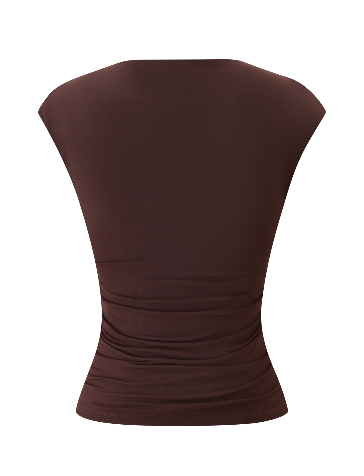 Back view of a chocolate brown ROMI TOP - CHOCOLATE with cap sleeves and gathered detailing at the waist.