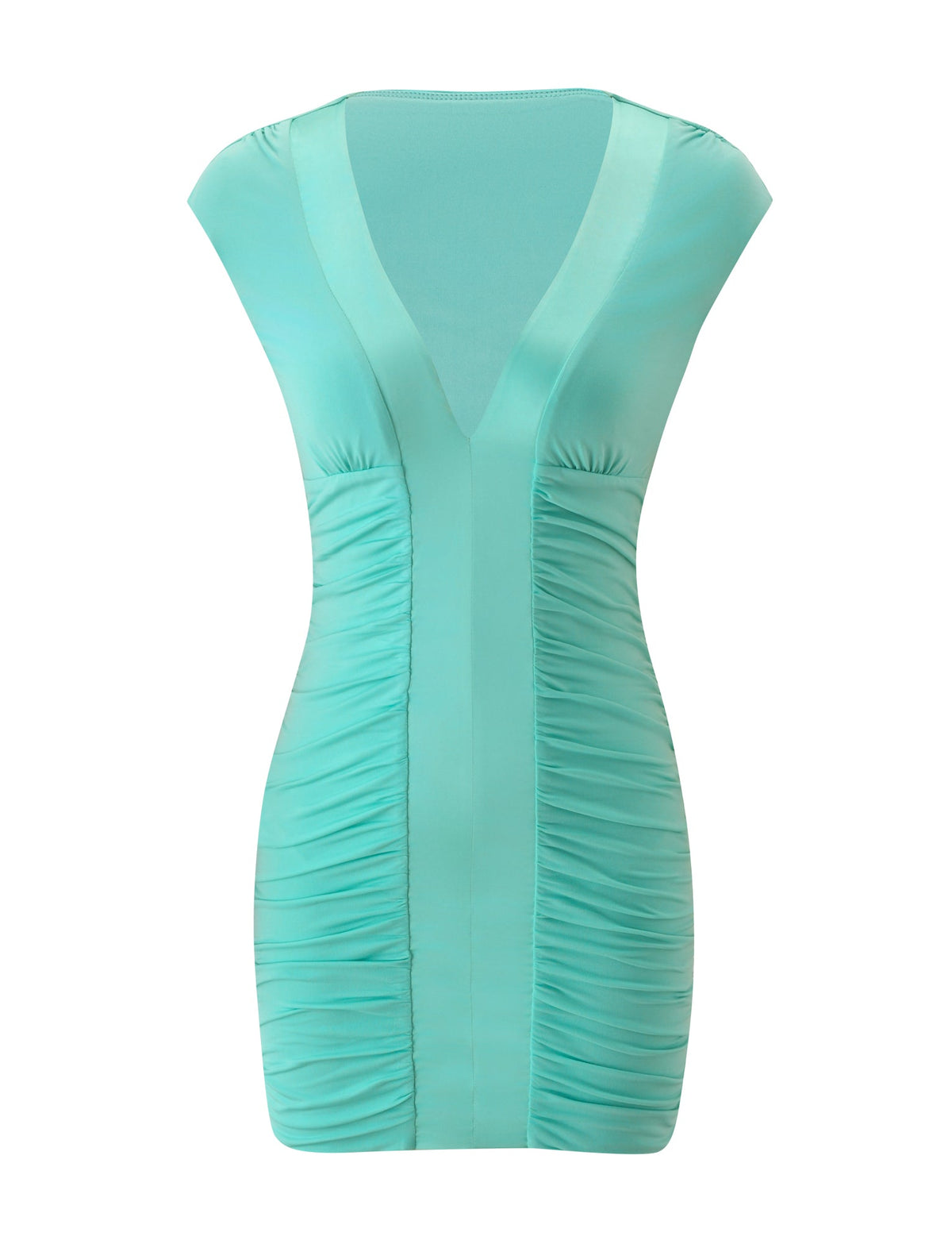 The ROMI MINI DRESS - AQUAMARINE by TIGERMIST features cap sleeves, a deep V-neck, and ruched sides in smooth aqua satin—a flirty bodycon mini perfect for date night. No patterns or embellishments.