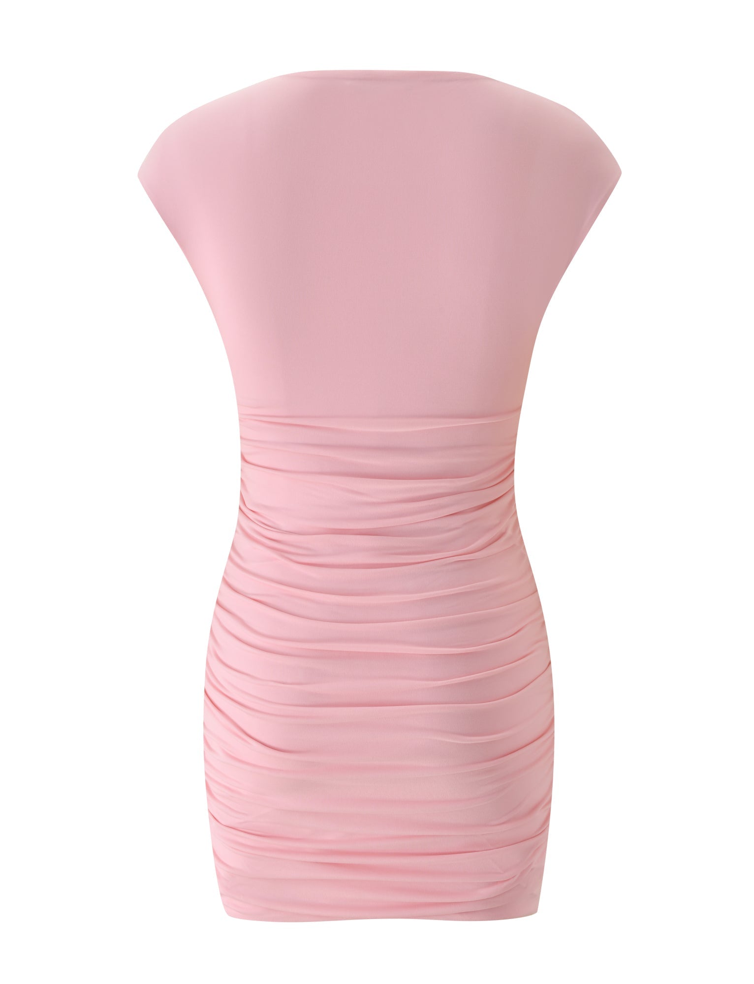 A back view of the ROMI MINI DRESS - PINK by TIGERMIST showcases a fitted, cap-sleeve satin mini dress in light pink. The design features full body ruching with a smooth upper section and gathered fabric artfully shaping the waist and hips, making it the perfect chic choice for a date night.