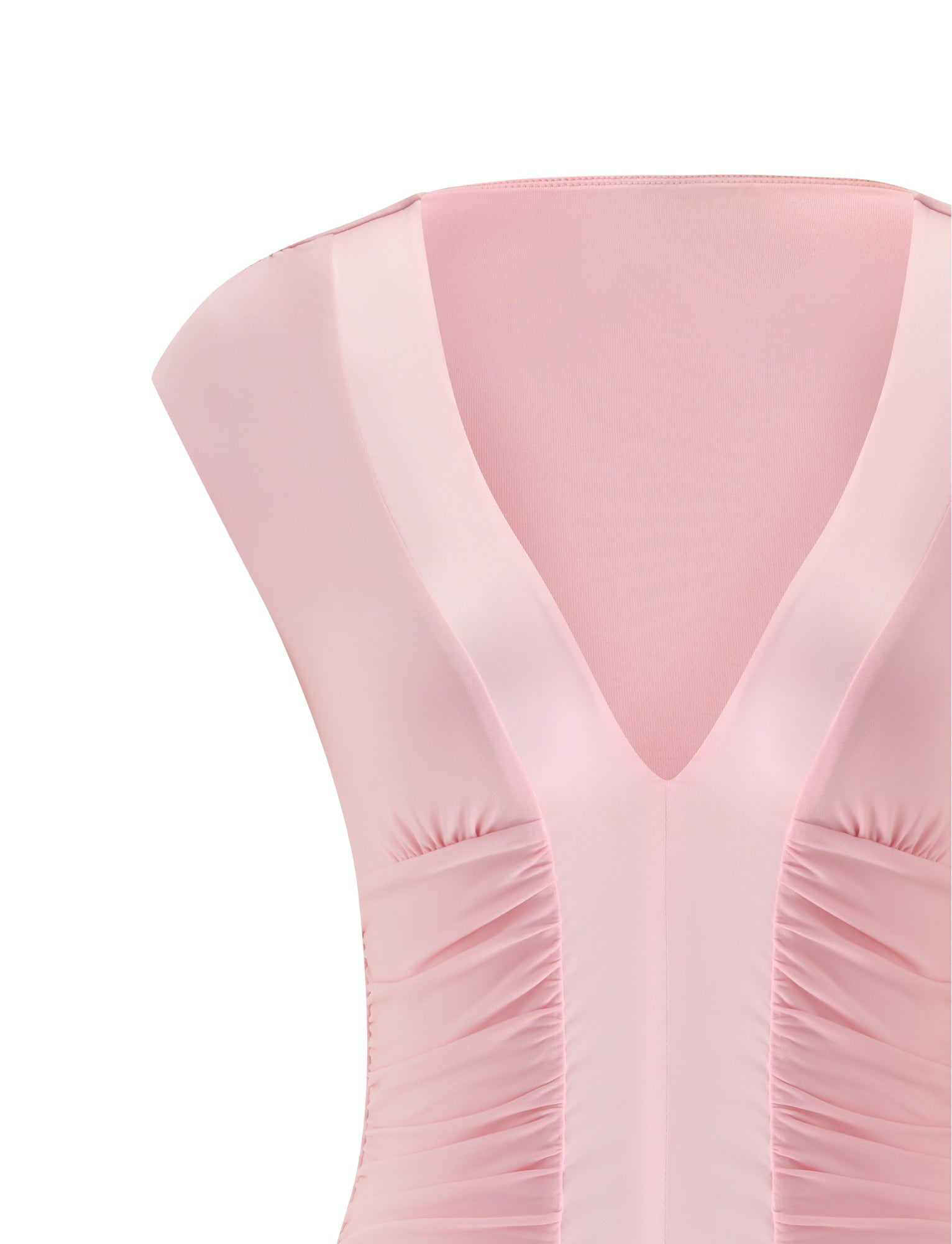 A close-up of the ROMI MINI DRESS - PINK by TIGERMIST, a sleeveless satin mini dress featuring a deep V-neckline and full body ruching along the sides. The smooth, slightly shiny fabric makes it an ideal choice for date night.