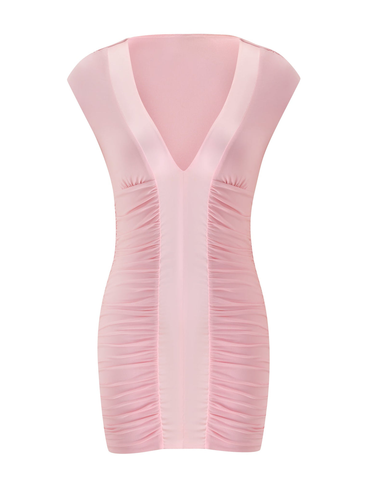 The ROMI MINI DRESS - PINK by TIGERMIST is a light pink satin mini dress featuring a sleeveless design, a deep V-neckline, and full body ruching details along the front and sides—perfect for a flirty date night look.