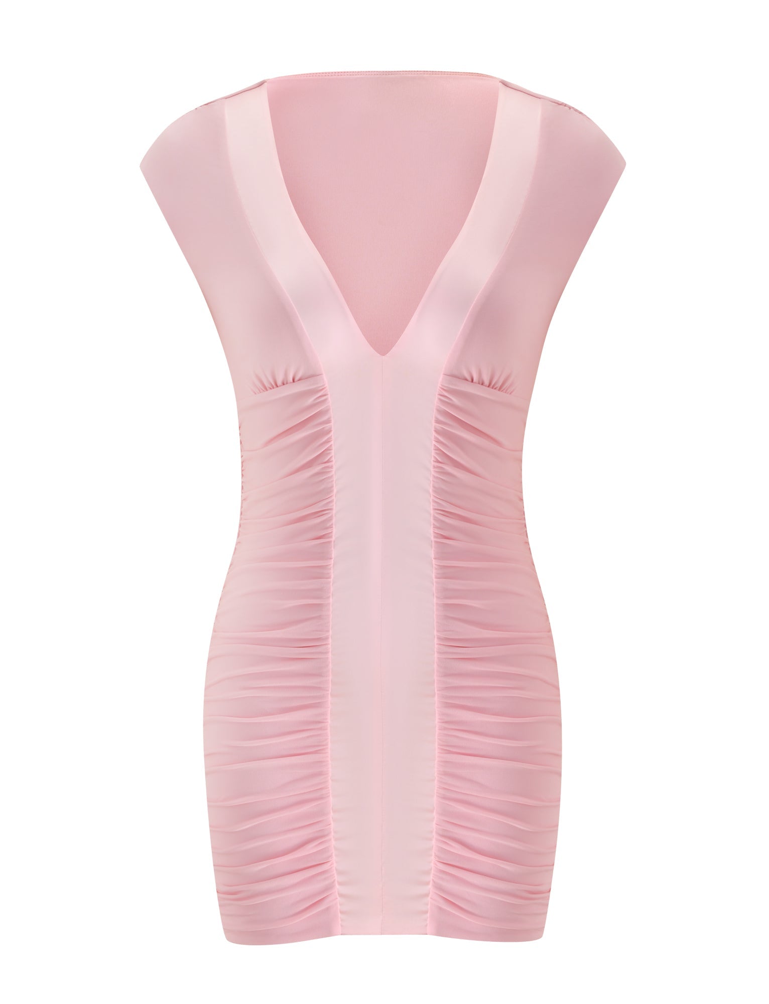 The ROMI MINI DRESS - PINK by TIGERMIST is a light pink satin mini dress featuring a sleeveless design, a deep V-neckline, and full body ruching details along the front and sides—perfect for a flirty date night look.