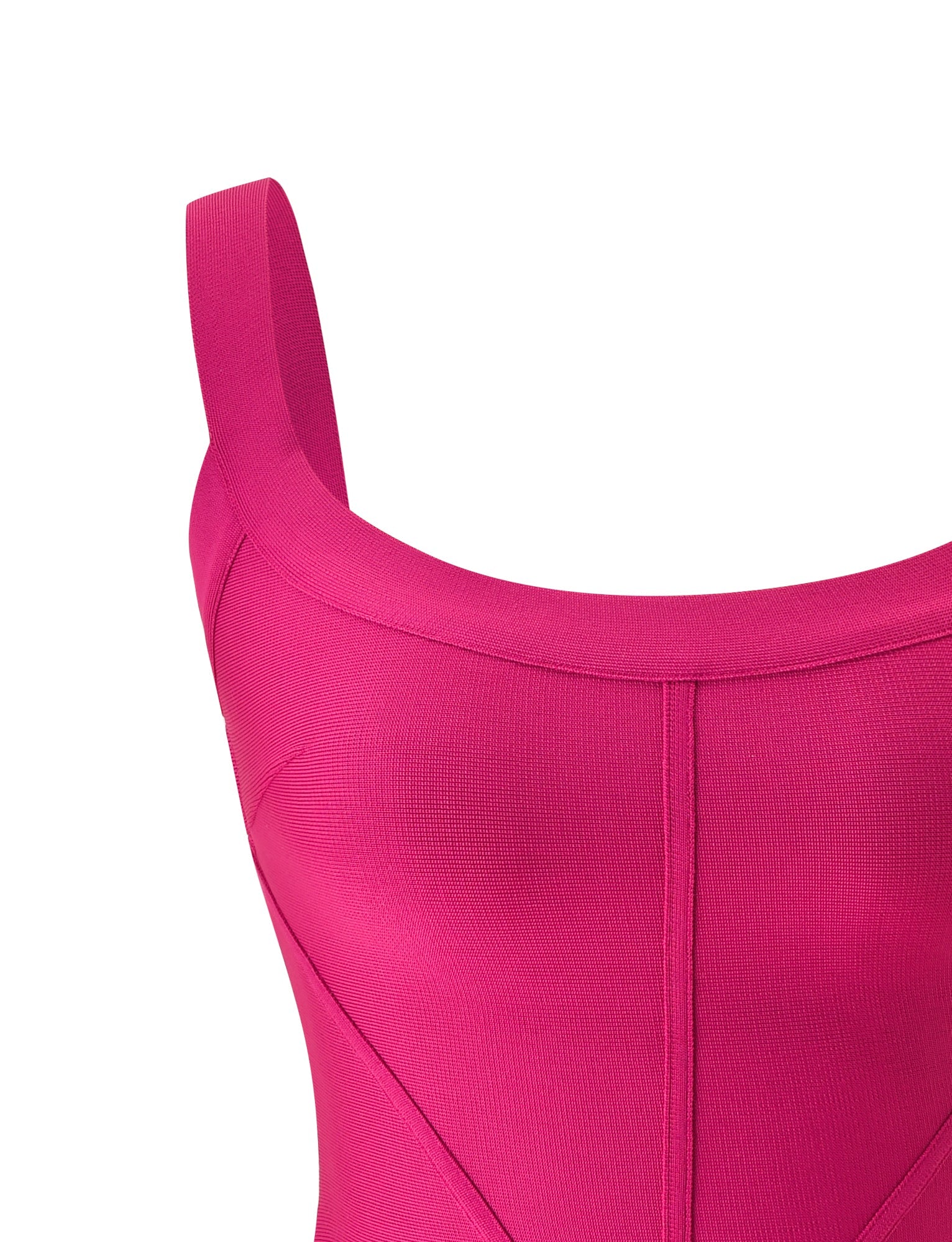 Close-up of the TIGERMIST EVA BANDAGE TOP in magenta, featuring thick straps and visible seam details on the sleeveless upper bodice—a chic bodycon piece perfect for your next girls’ night out.