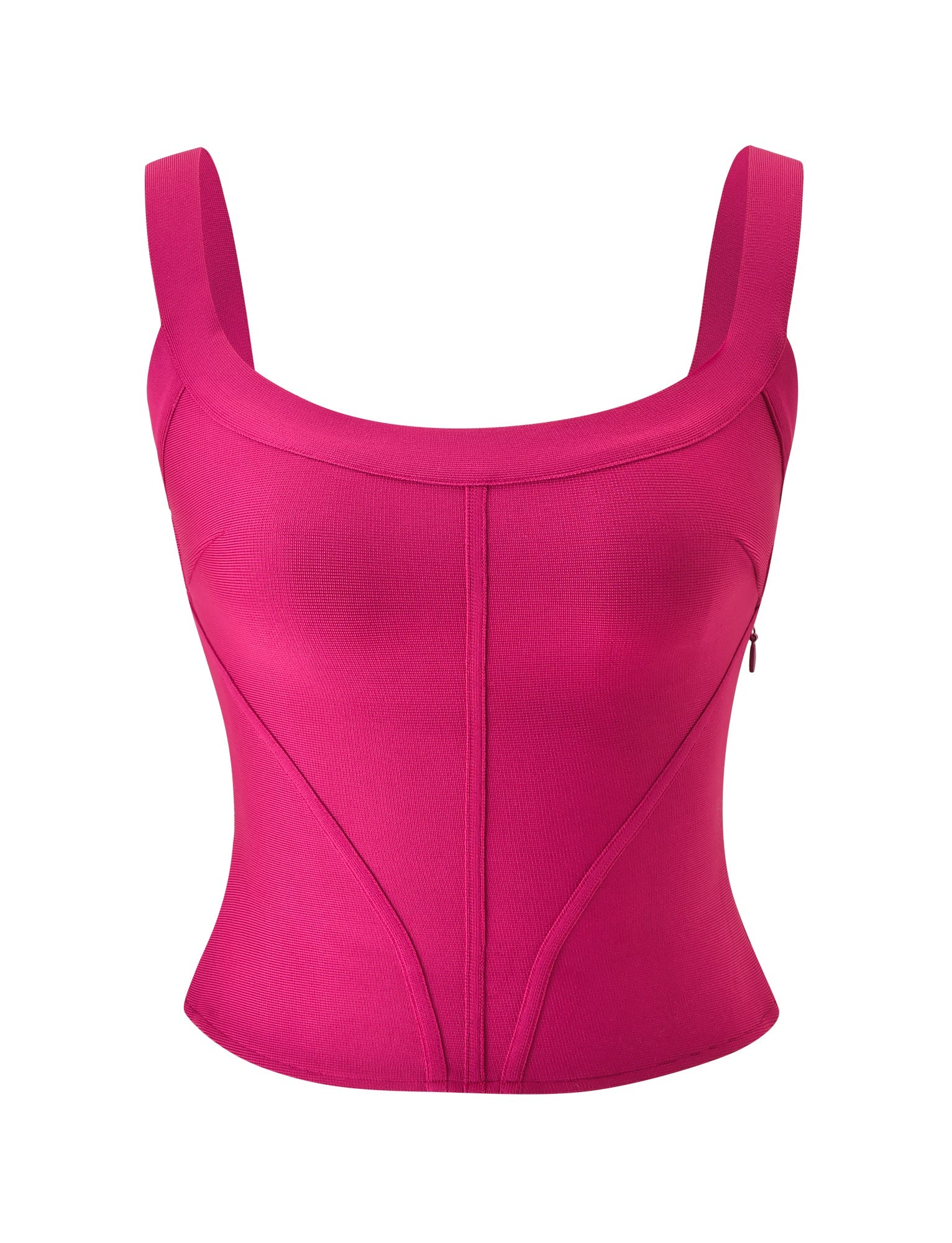 Introducing the EVA BANDAGE TOP - MAGENTA from TIGERMIST: a striking magenta pink bandage top designed in a sleeveless corset style. It features wide straps, structured seams, and a flattering bodycon fit—ideal for a girls’ night out. Shown here against a plain white background.