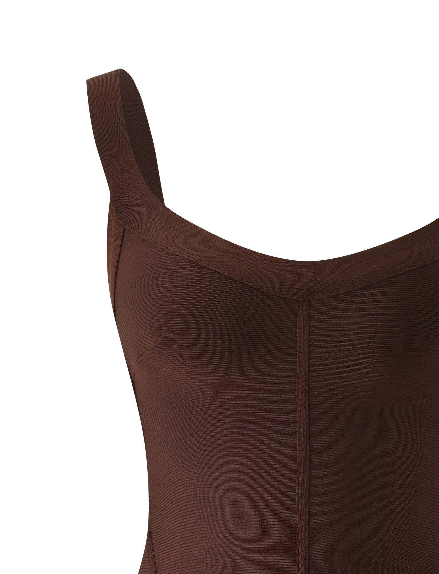 Close-up of the TIGERMIST EVA BANDAGE MINI DRESS in chocolate brown, highlighting its sculpted fit, thick shoulder strap, contoured seam details, and smooth, stretchy fabric on the upper chest area.