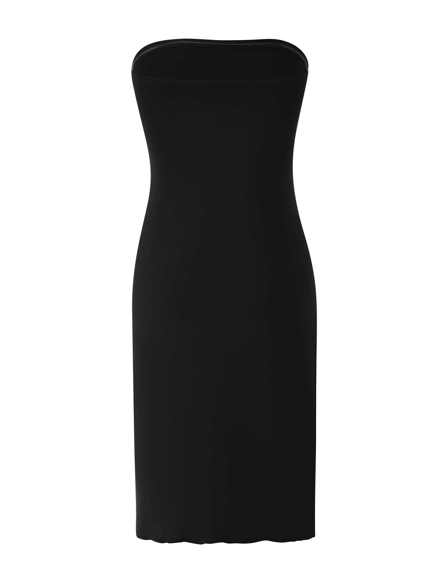 The VIVIANNE MIDI DRESS - BLACK by TIGERMIST is a sleek, strapless black midi dress with a fitted, minimalist design—perfect as a date night dress and shown on a plain white background.