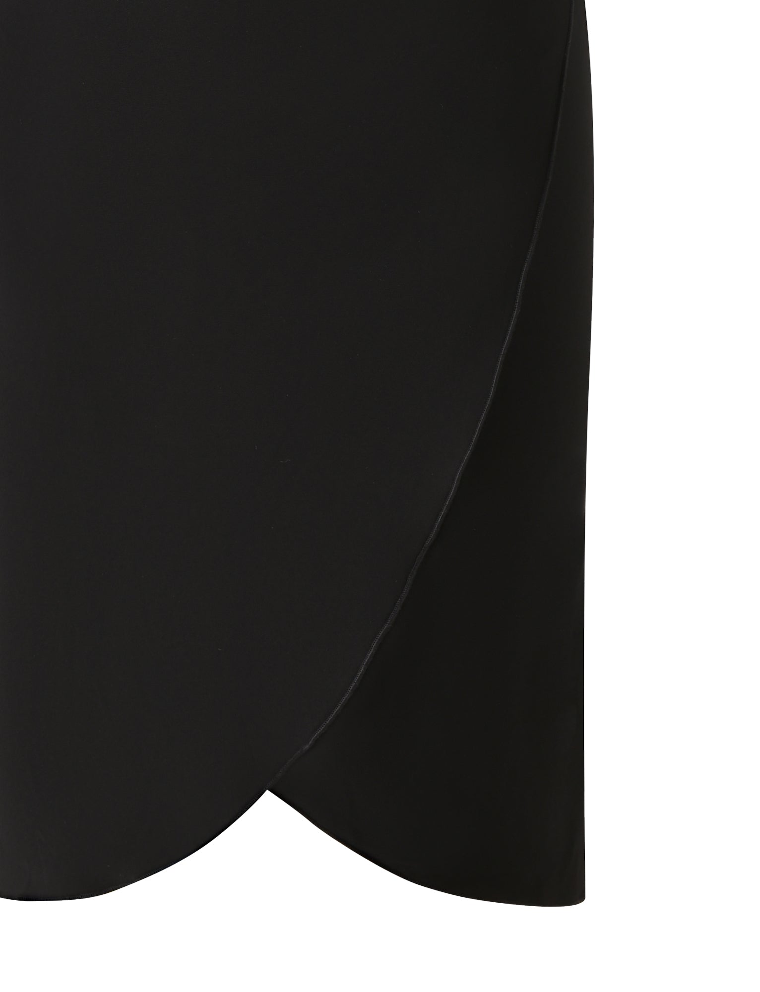 Close-up of the TIGERMIST VIVIANNE MIDI DRESS in black, highlighting its tulip hemline with a curved, overlapping edge detail reminiscent of a ruched bodycon silhouette.