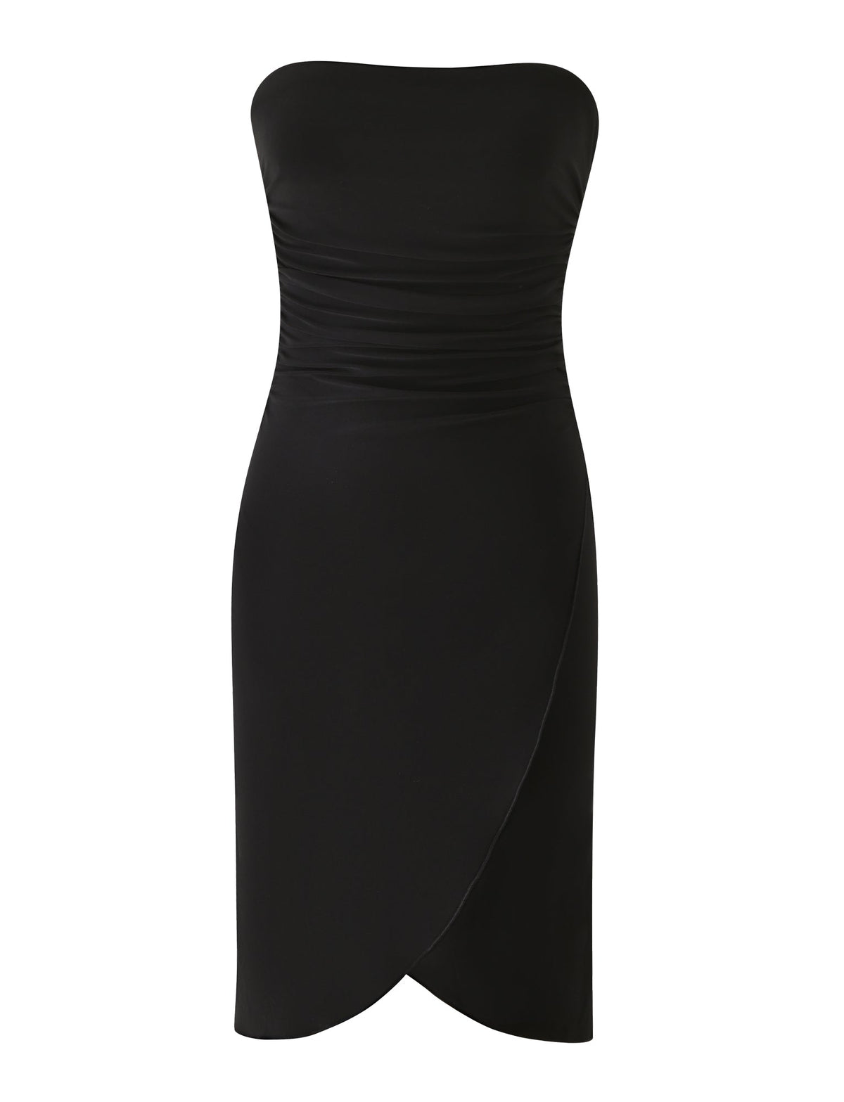 The VIVIANNE MIDI DRESS - BLACK by TIGERMIST features a fitted, ruched bodice and a tulip-style wrap skirt. With its smooth texture and elegant, minimalist design, this black strapless bodycon dress is the perfect choice for date nights or any special occasion.