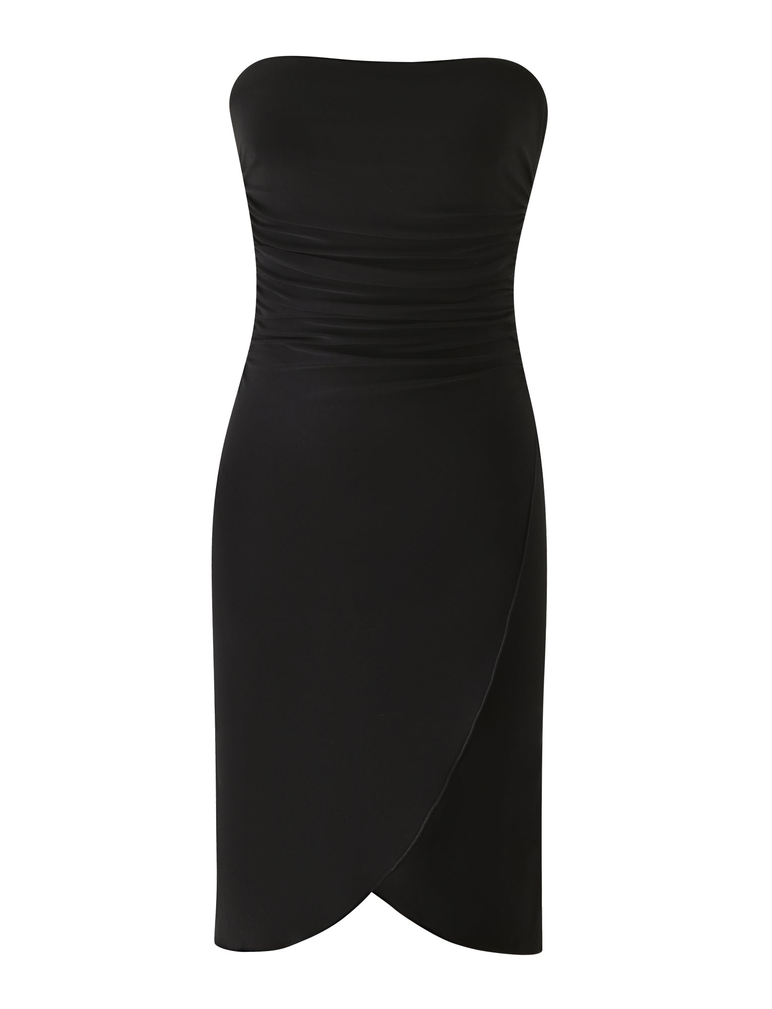 The VIVIANNE MIDI DRESS - BLACK by TIGERMIST features a fitted, ruched bodice and a tulip-style wrap skirt. With its smooth texture and elegant, minimalist design, this black strapless bodycon dress is the perfect choice for date nights or any special occasion.